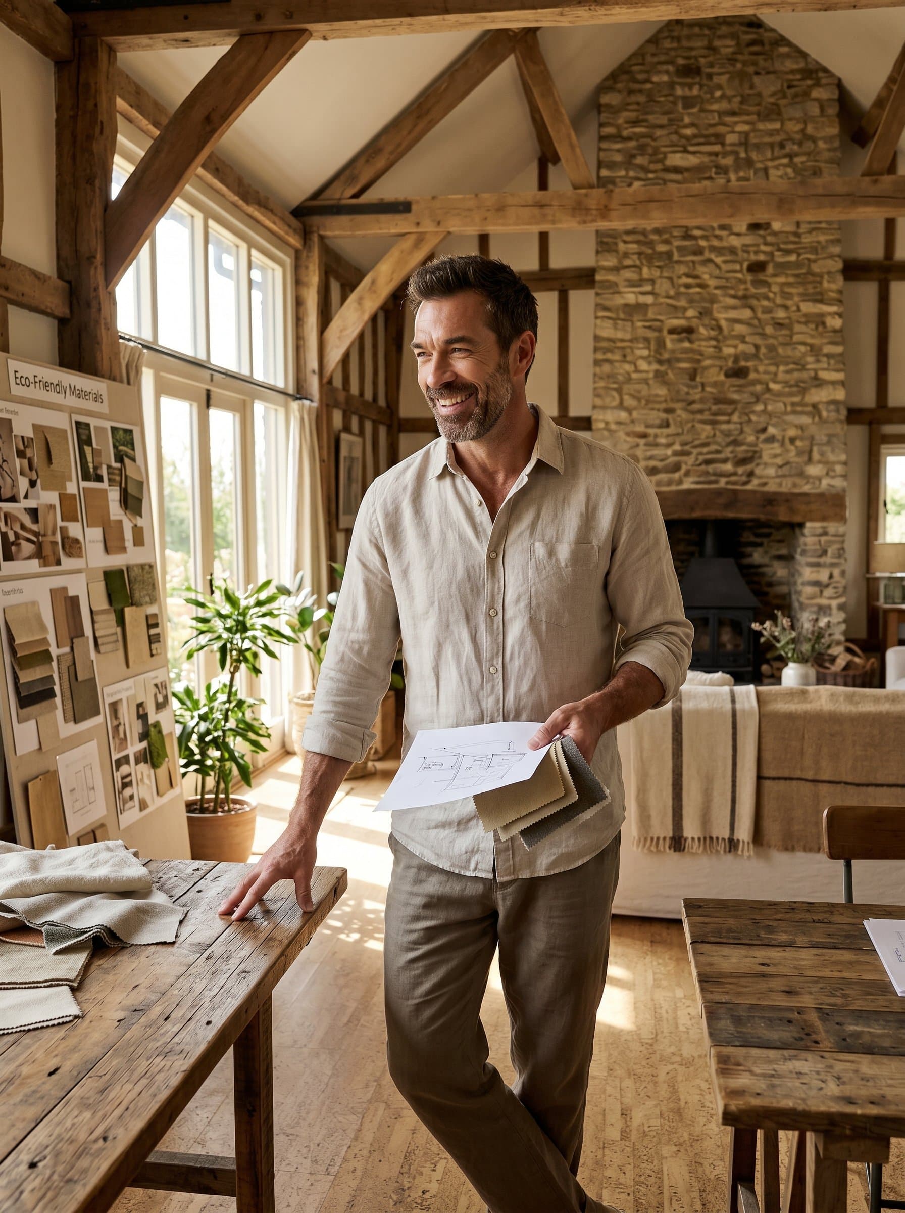 Capture an interior designer, in a rustic, barn-inspired setting. The image should convey warmth and authenticity, with the man's natural expression and environmentally conscious design choices highlighted.