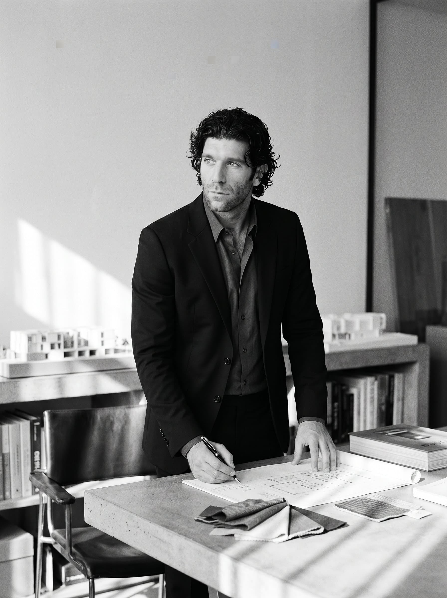 as an interior designer in a monochromatic setting, where the use of shadows and light adds depth. The man should exude calm confidence, with a focus on refined elegance in their pose.