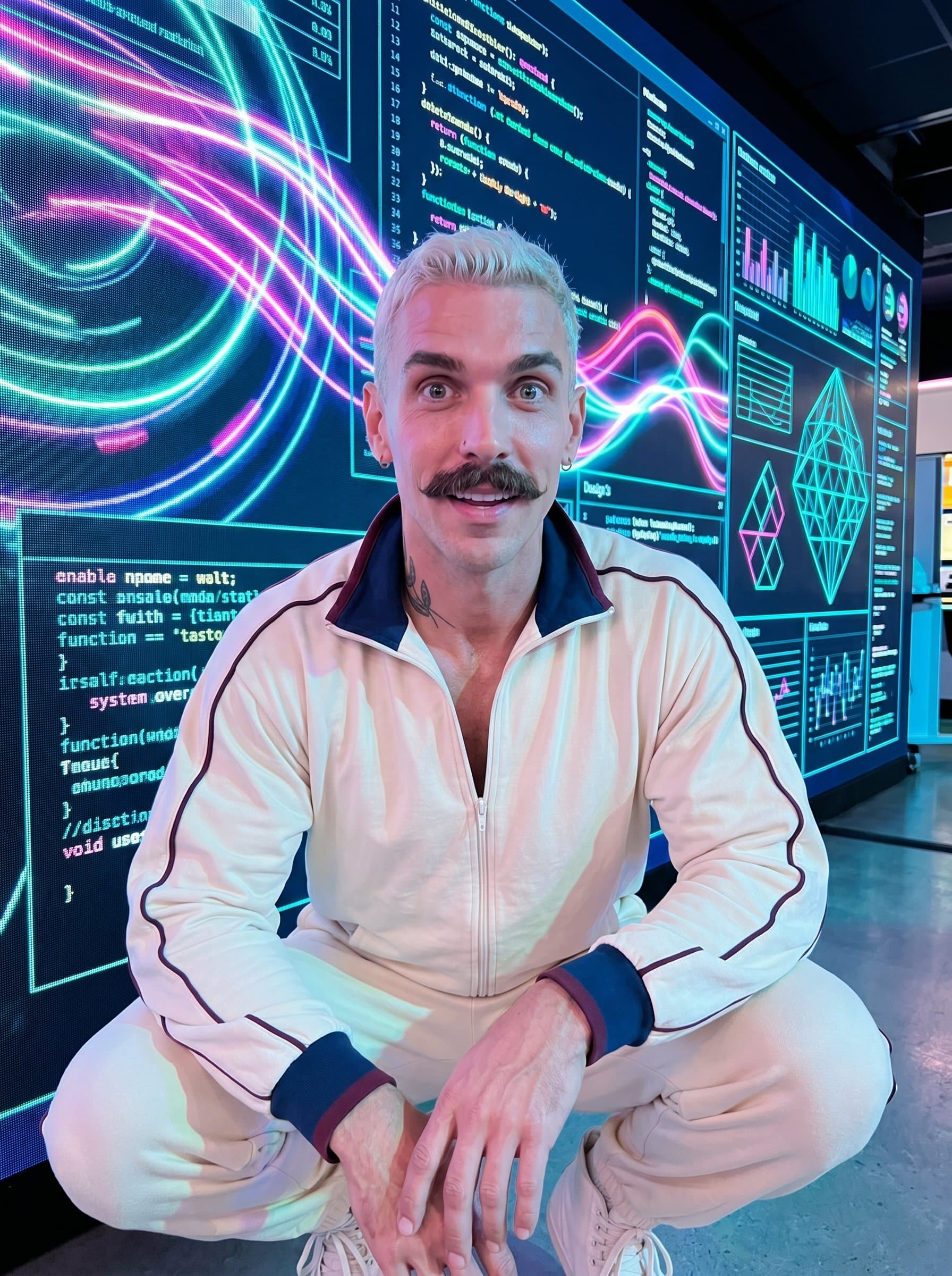 Position in front of a large digital screen displaying dynamic visuals. A curious gaze and open demeanor emphasize tech-savvy abilities. The vivid light from the screen adds a futuristic touch.