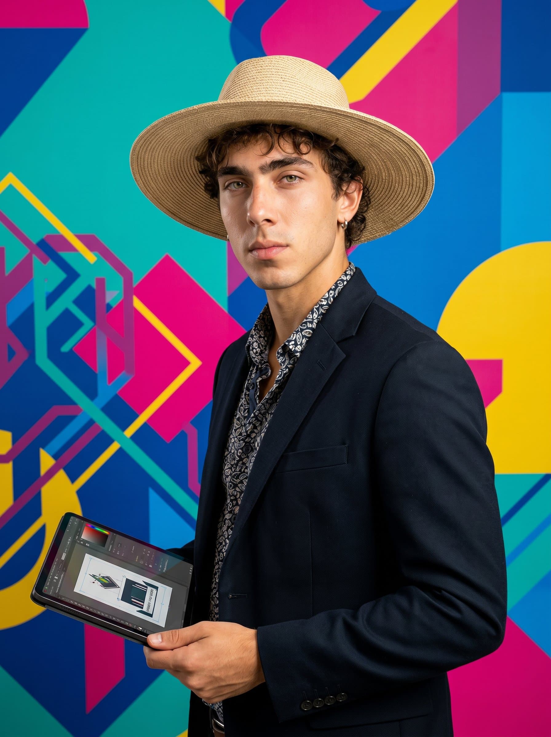 Photograph against a backdrop of vibrant geometric patterns. The confident, thoughtful expression conveys professionalism and a love for graphic design. Sharp focus and bright colors create a striking, contemporary look.