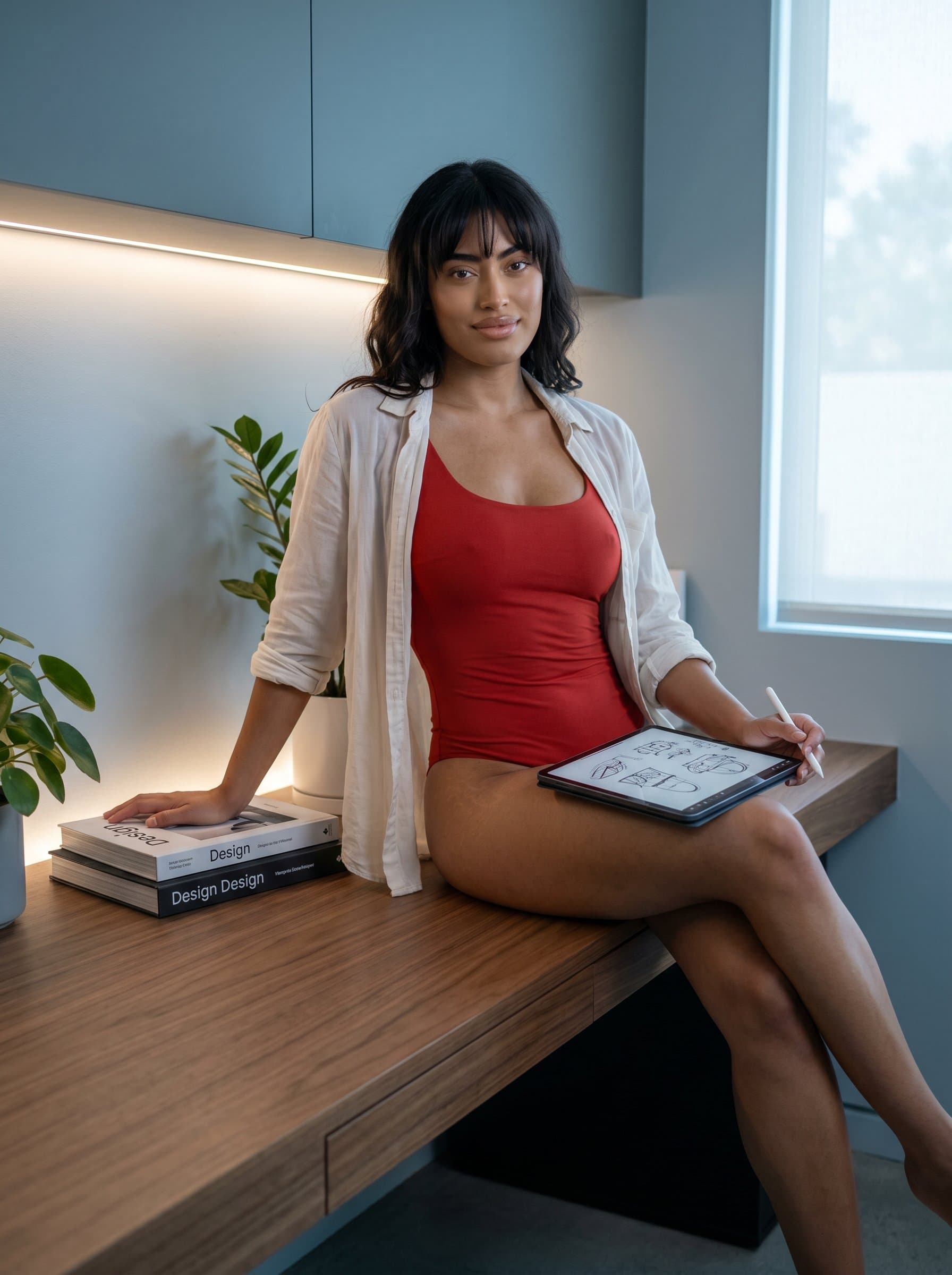 Display in a minimalist workspace, with sleek design elements. The relaxed posture and subtle smile suggest innovation and imagination. Muted tones and soft lighting enhance the creative yet professional ambiance.