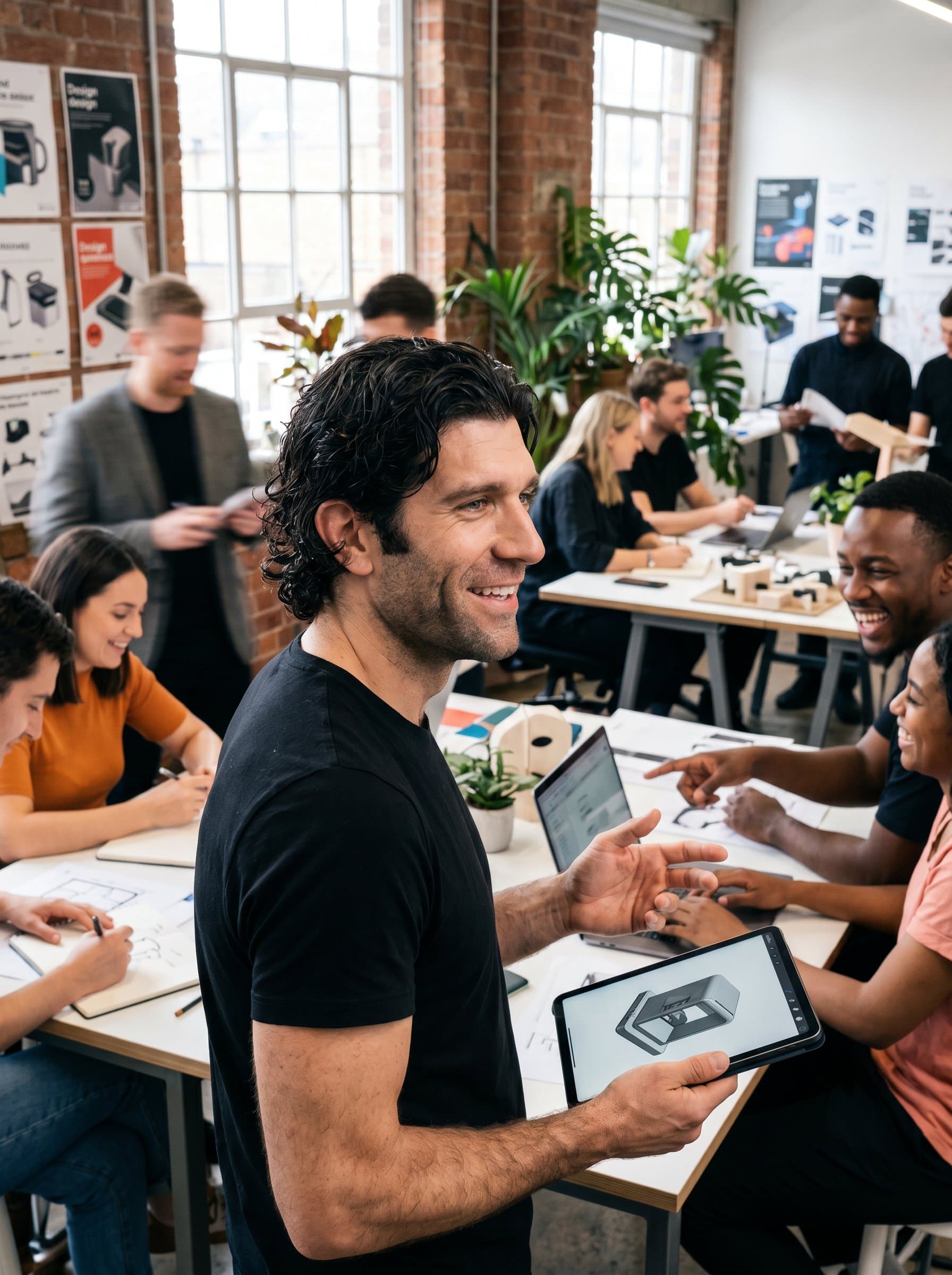 Stage at a bustling creative hub, surrounded by bustling designers. The energetic environment enhances a dynamic profile, with a mix of candid interaction and focused observation in the headshot.