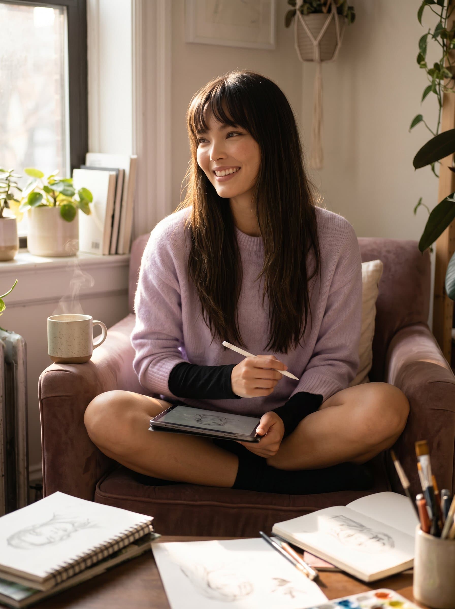 Illustrate in a cozy studio nook with a digital tablet in hand, exuding warmth and creativity. Soft pastels and gentle lighting create an inviting and approachable atmosphere, ideal for artistic introspection.