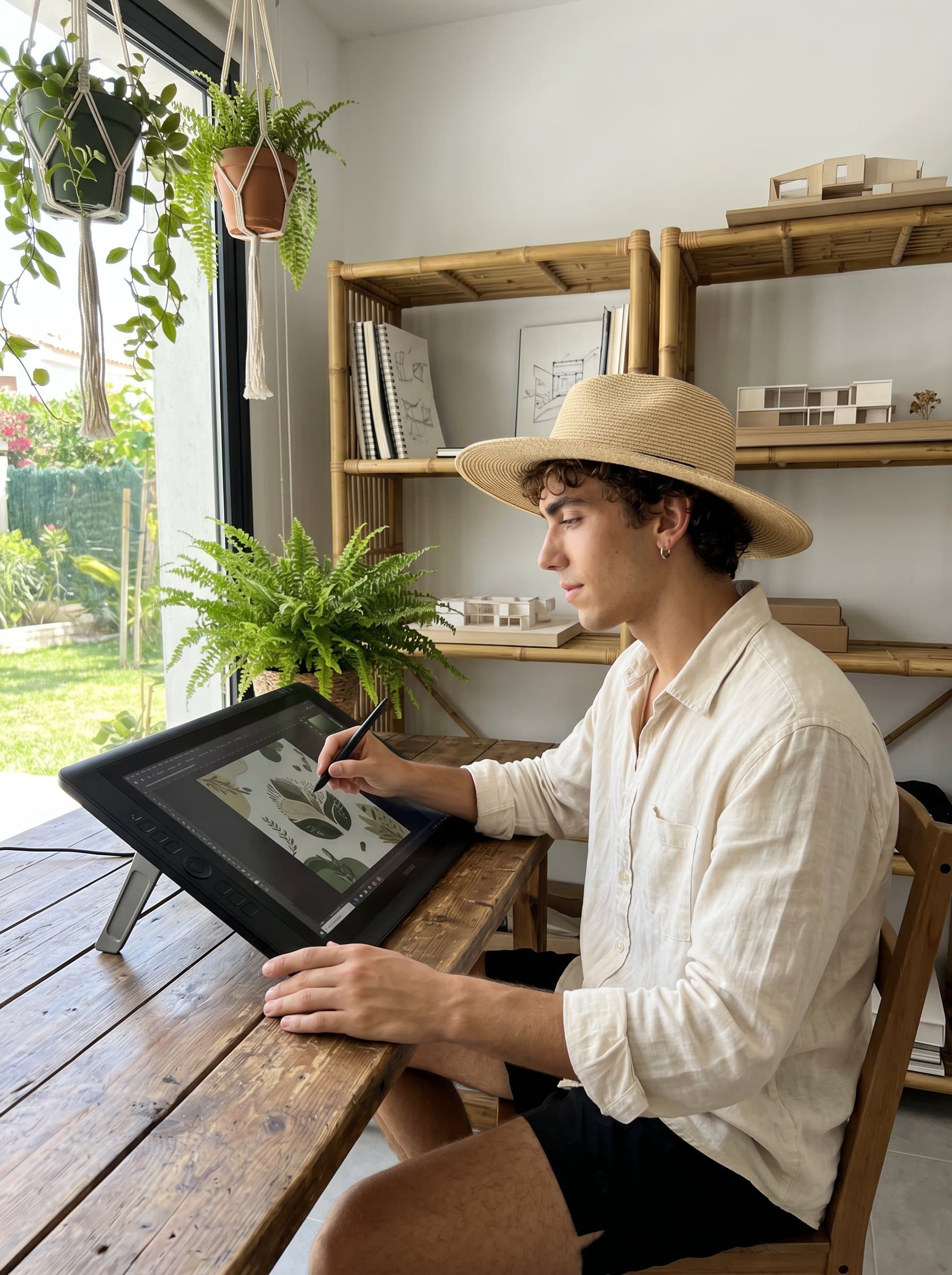Compose in an open workspace filled with plants and natural elements, symbolizing organic creativity. A serene expression and casual posture reflect the balance between nature-inspired design and digital innovation.