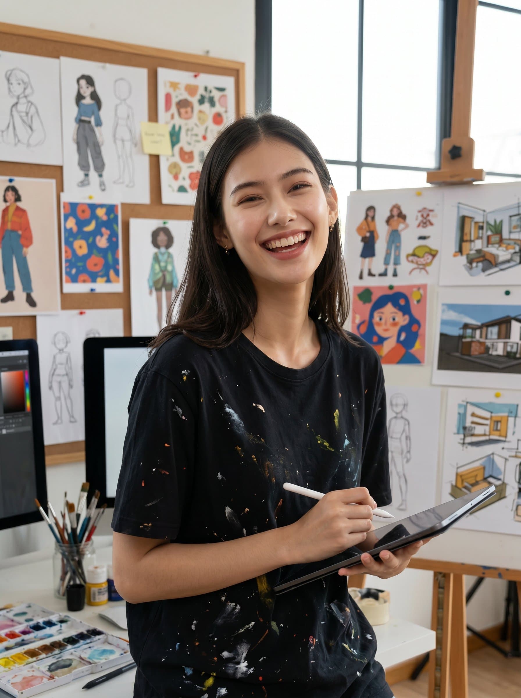 Capture in an art studio surrounded by colorful digital sketches, showcasing a lively expression. Natural lighting highlights the face, reflecting creativity and passion for design. Modern, artistic headshot.