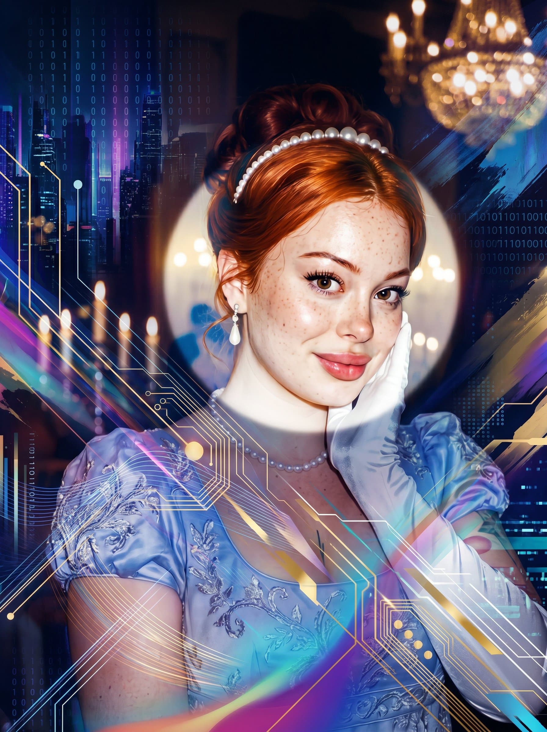 Spotlight within a digital art piece, seamlessly blending into abstract graphics. The headshot emphasizes the harmonious fusion of woman and design, creating a unique, contemporary digital artistry feel.