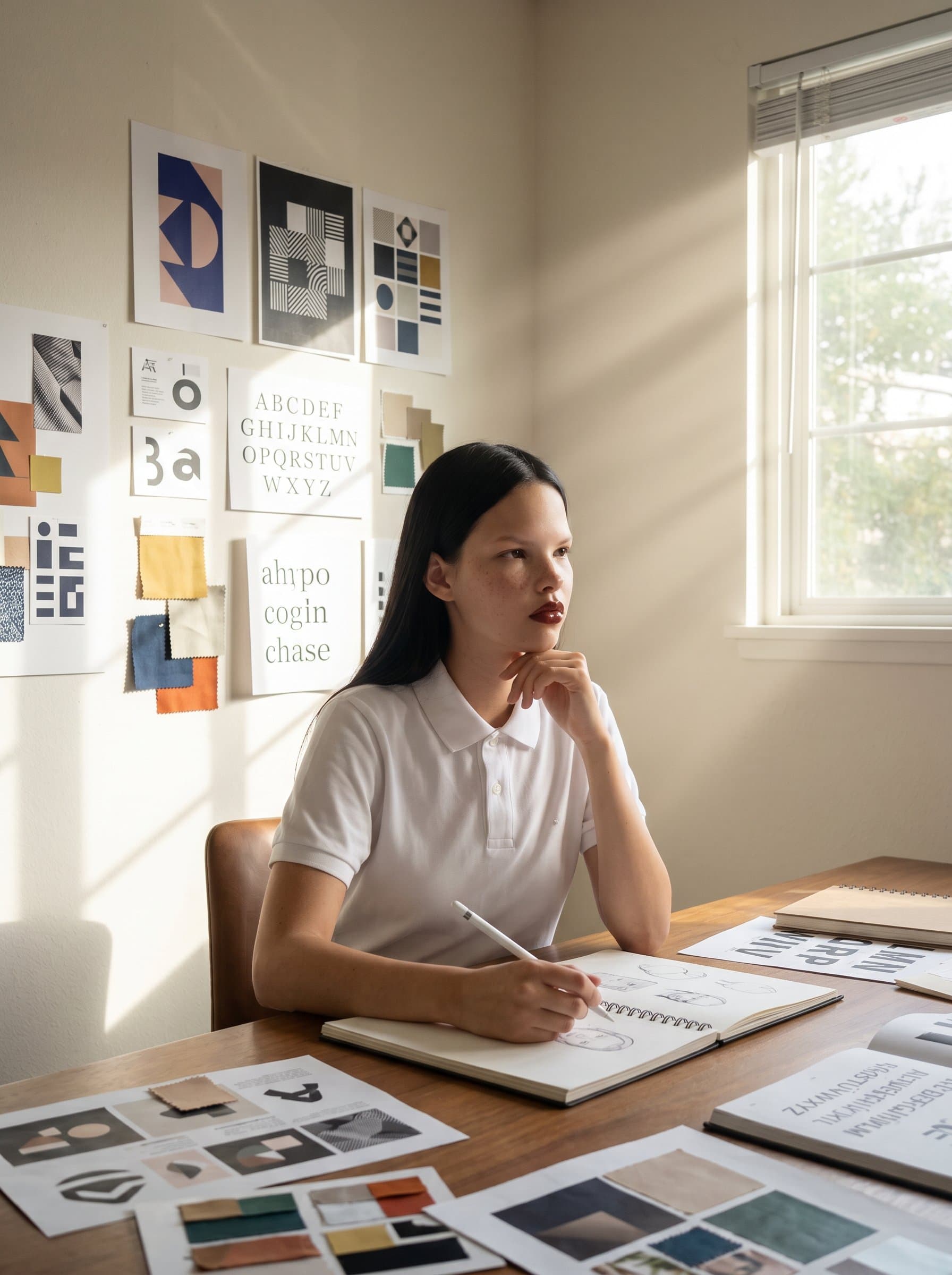 Focus on in a sunlit room, where beams of natural light highlight creative design installations. The tranquil setting invites a sense of calm, reflection, and the dedication of a passionate graphic designer.
