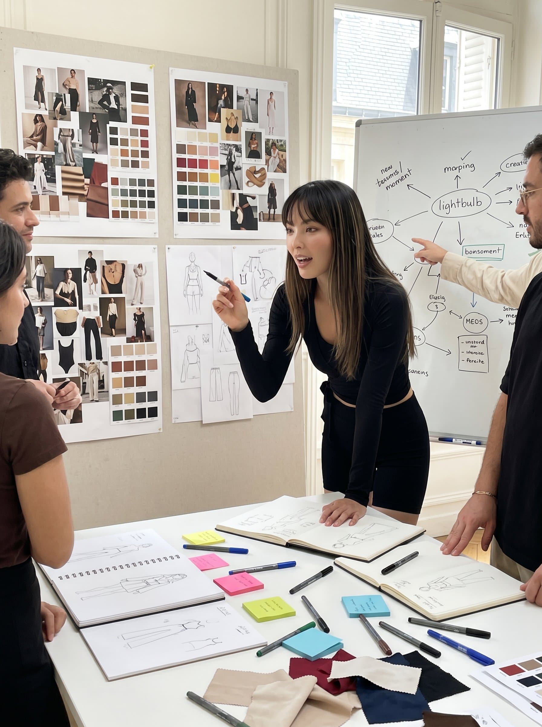 Show in a creative brainstorming session, surrounded by sketchpads and mood boards. Capture the moment of insight in their expression, highlighting their role as an innovative thinker and planner.
