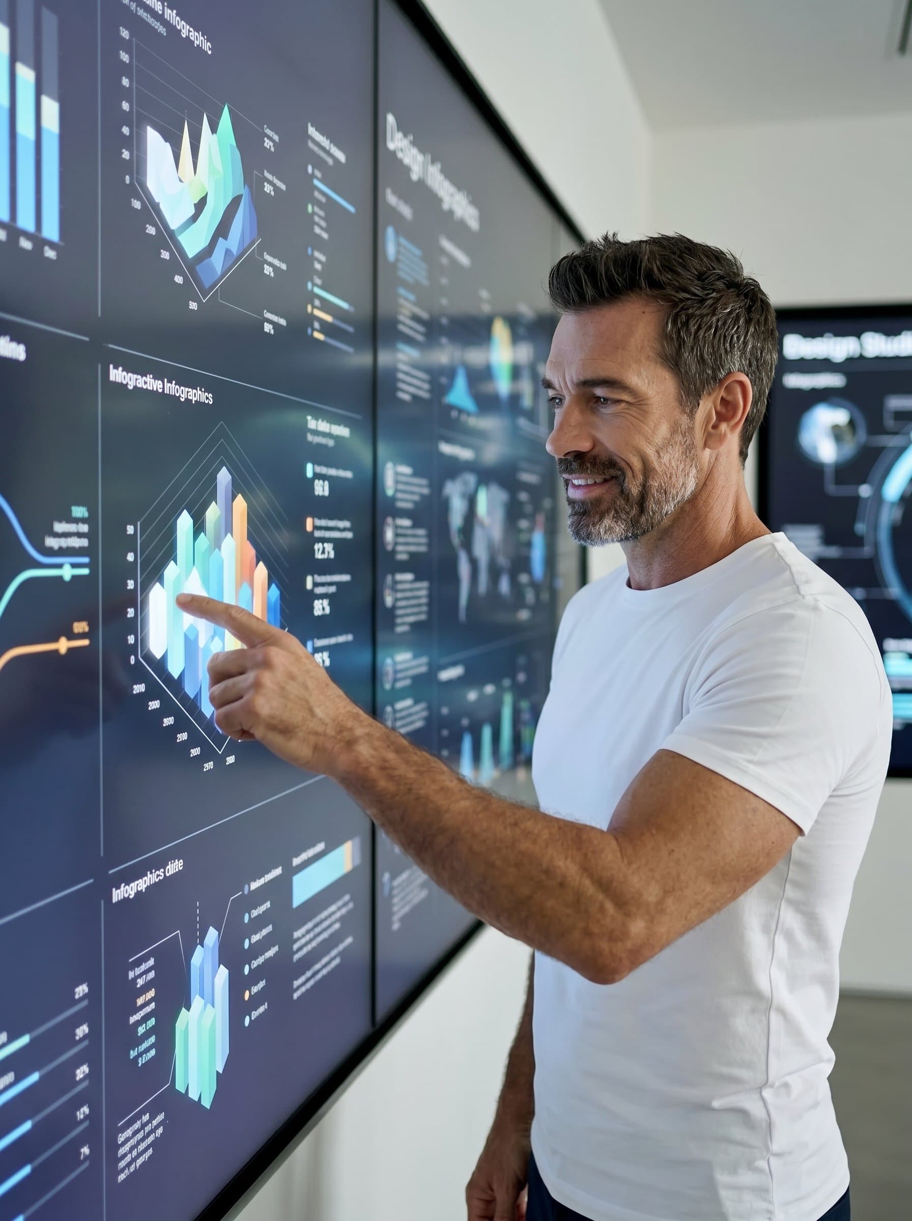 Detail against a giant display of interactive infographics. Their engaged expression and poised stance highlight their skill in merging informational design with aesthetic appeal, a cornerstone of modern graphic design.