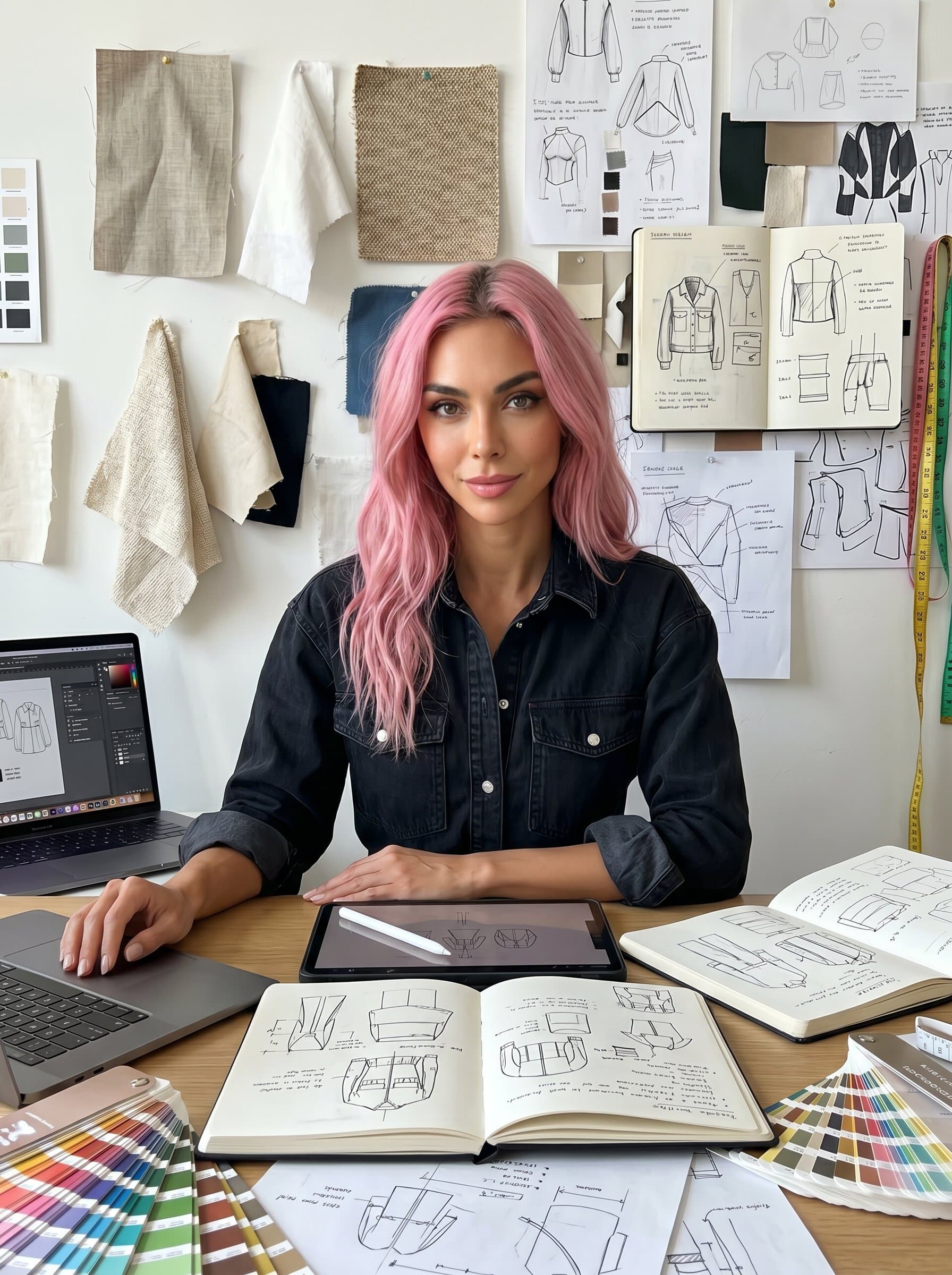 Photograph surrounded by an eclectic mix of materials like fabric swatches, pen sketches, and digital devices. This headshot portrays the blending of different styles and textures that define a graphic designer's craft.