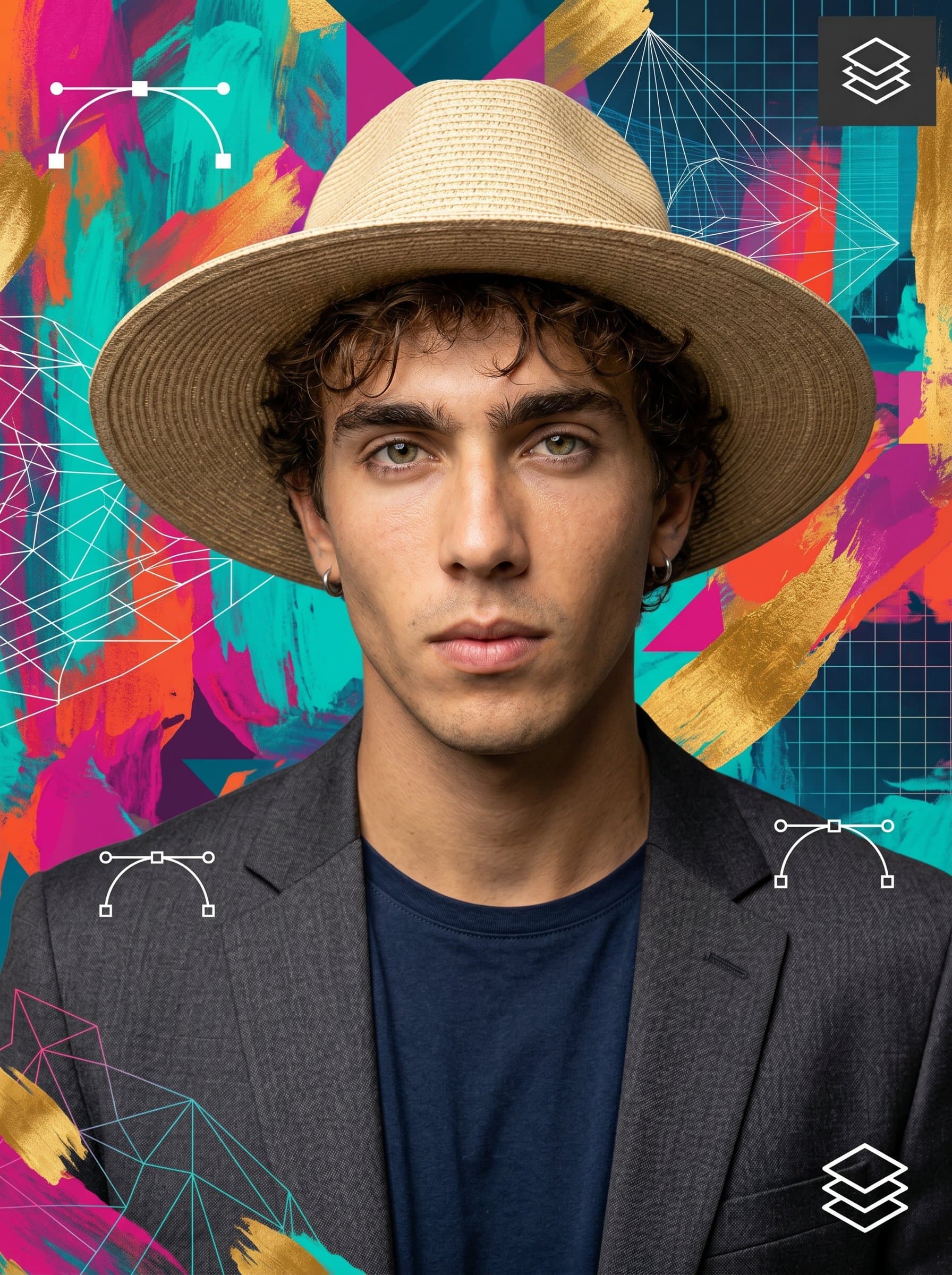 Set against a backdrop of bold brushstrokes and vivid hues, their gaze focused and engaging. This headshot celebrates the intersection of traditional art and modern design techniques in a graphic designer’s world.