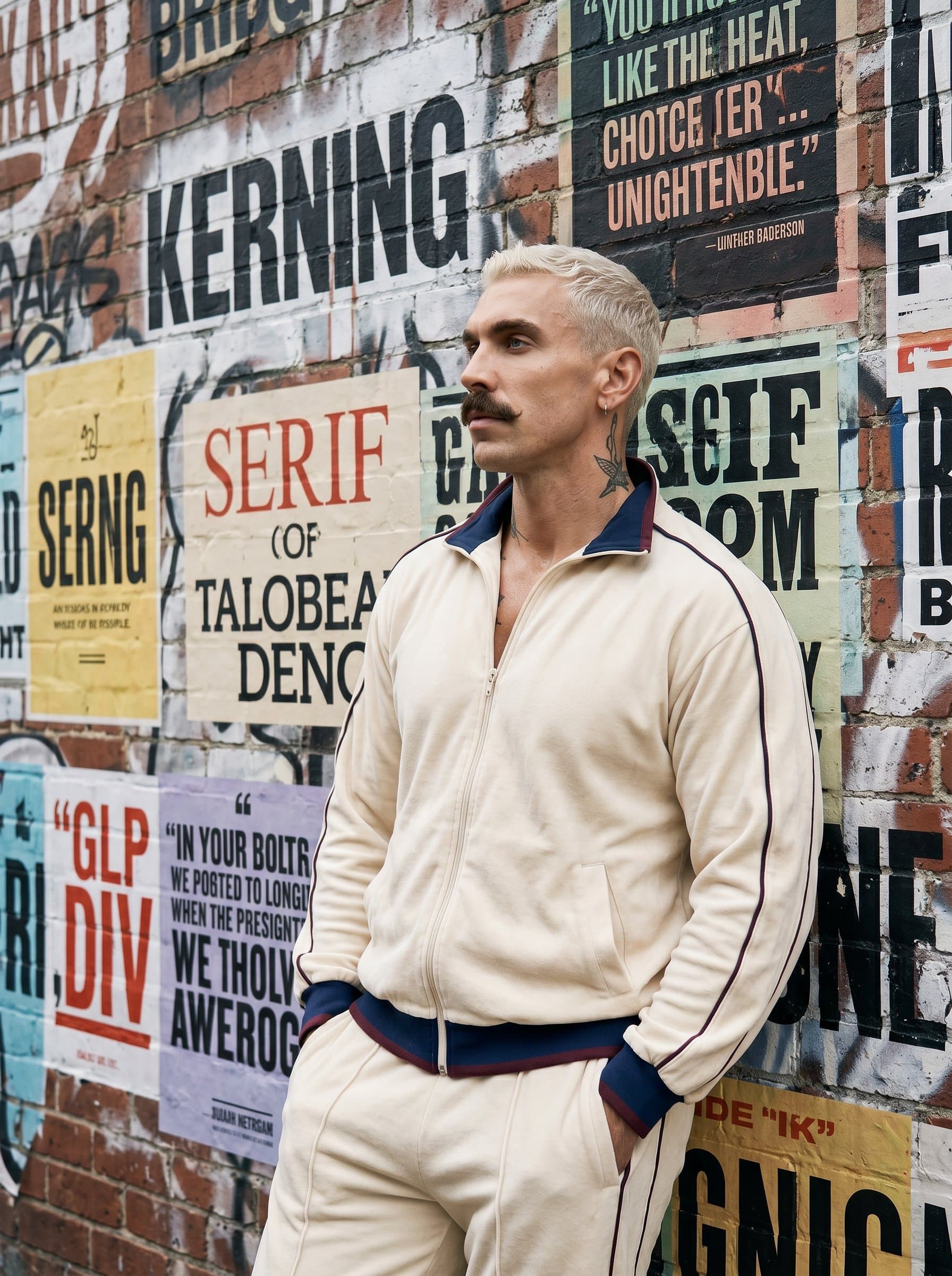 Capture leaning against a textured wall covered in typography art. Their relaxed demeanor and thoughtful expression convey a deep appreciation for design elements, showcasing their artistic and professional identity.