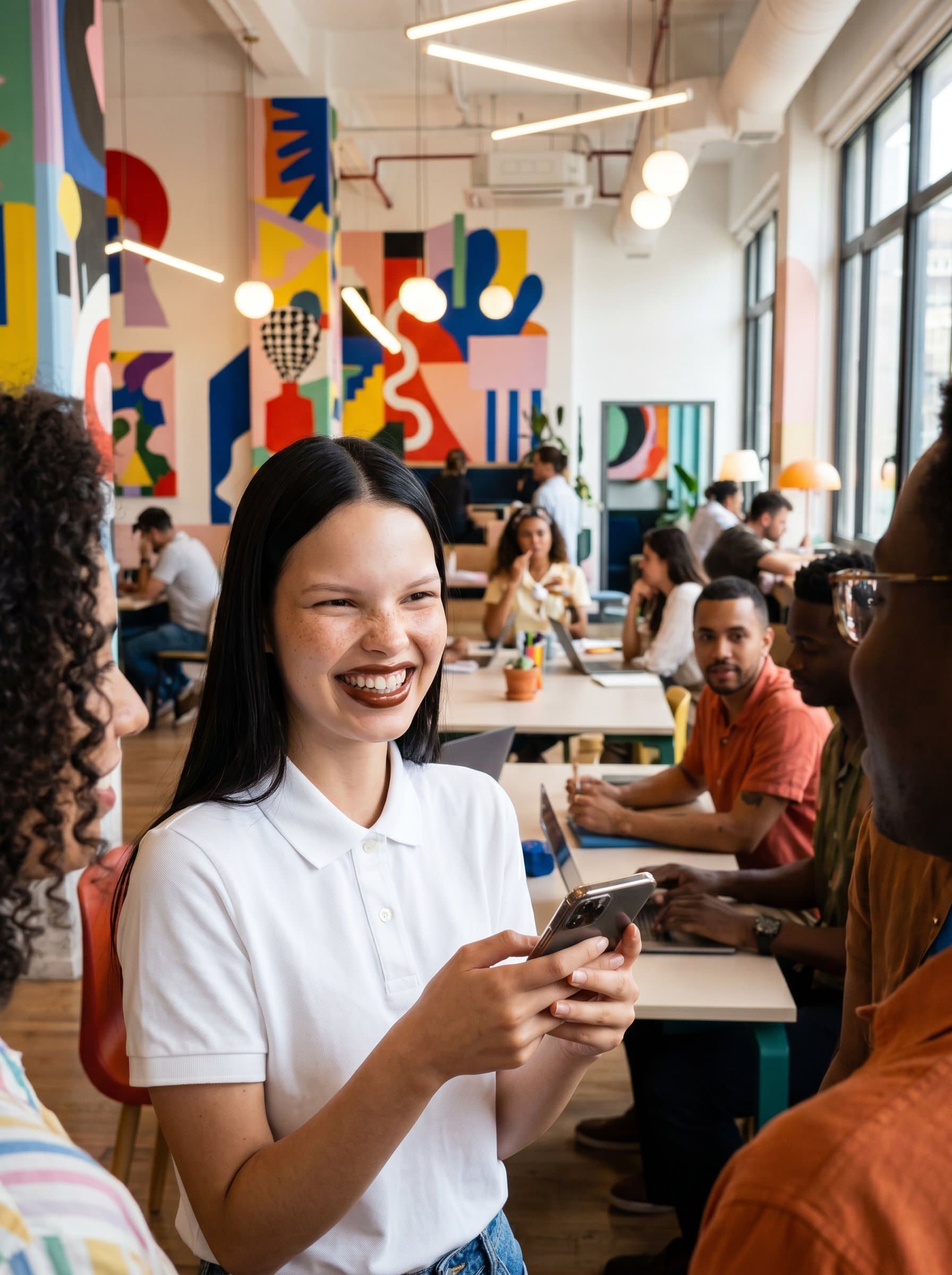 Show in a vibrant co-working space with abstract art installations. The lively environment and the expressive smile celebrate the inspiration and collaboration found in shared creative spaces.