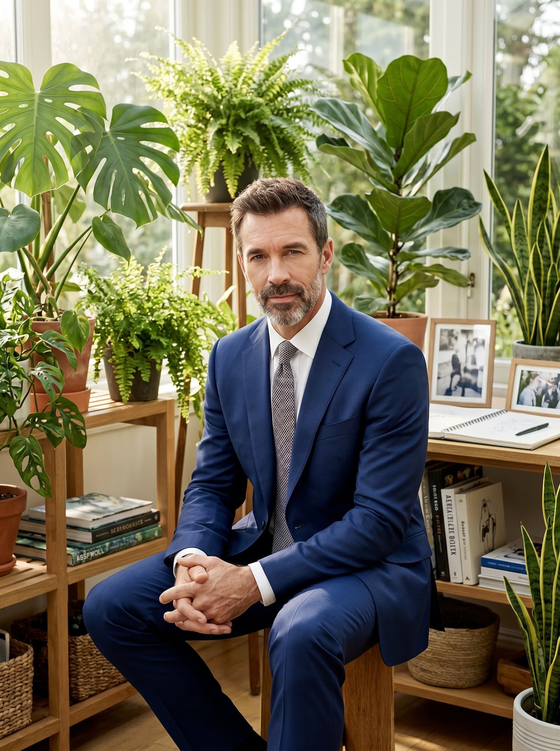 with a poised expression, wearing a tailored navy suit, seated in a softly lit room filled with lush green plants, conveying a sense of creativity and elegance.