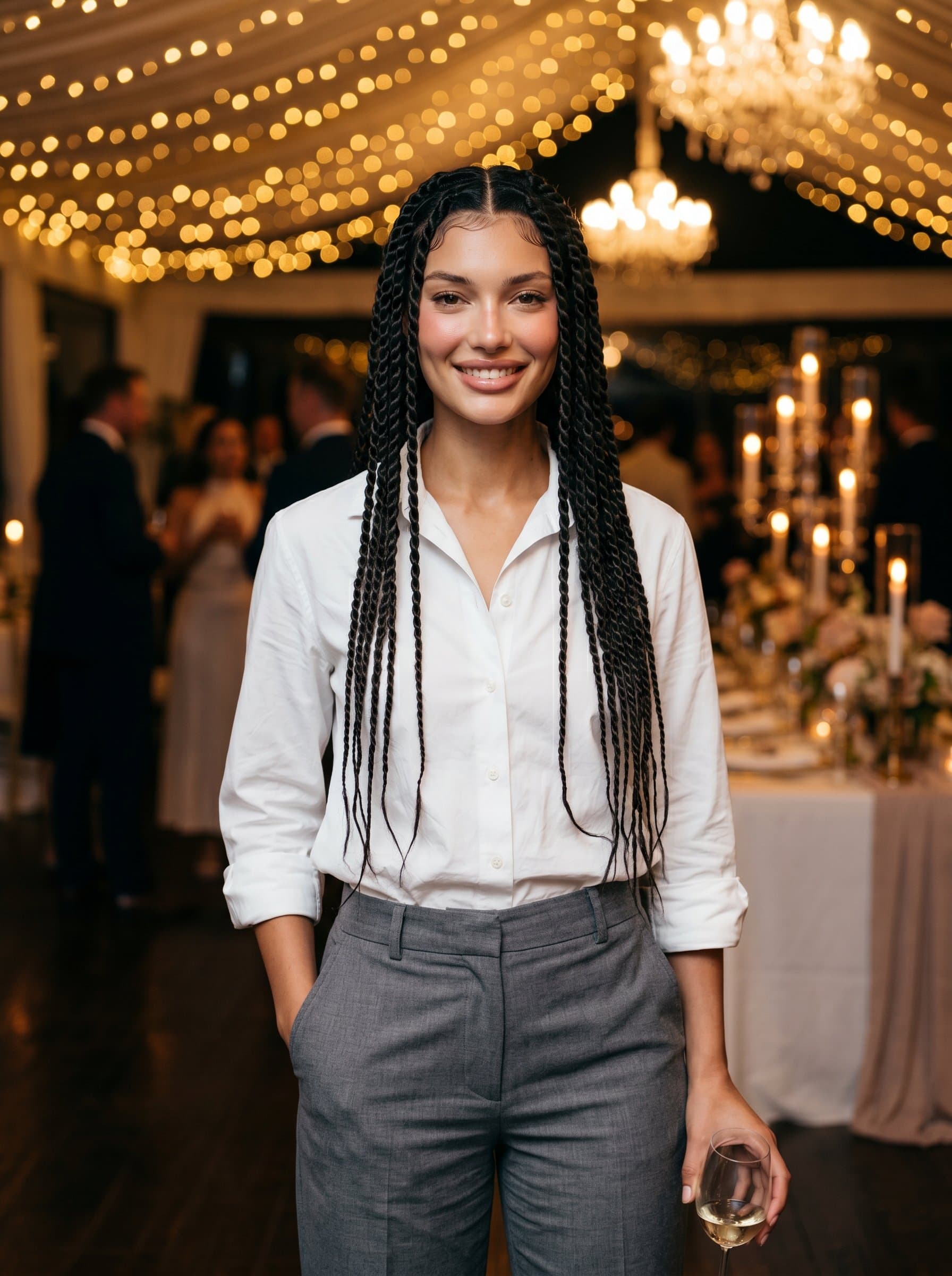 standing against a backdrop of soft blurred lights, in a crisp white shirt and grey trousers, portraying a balance of charm and authority in a warm, welcoming space.