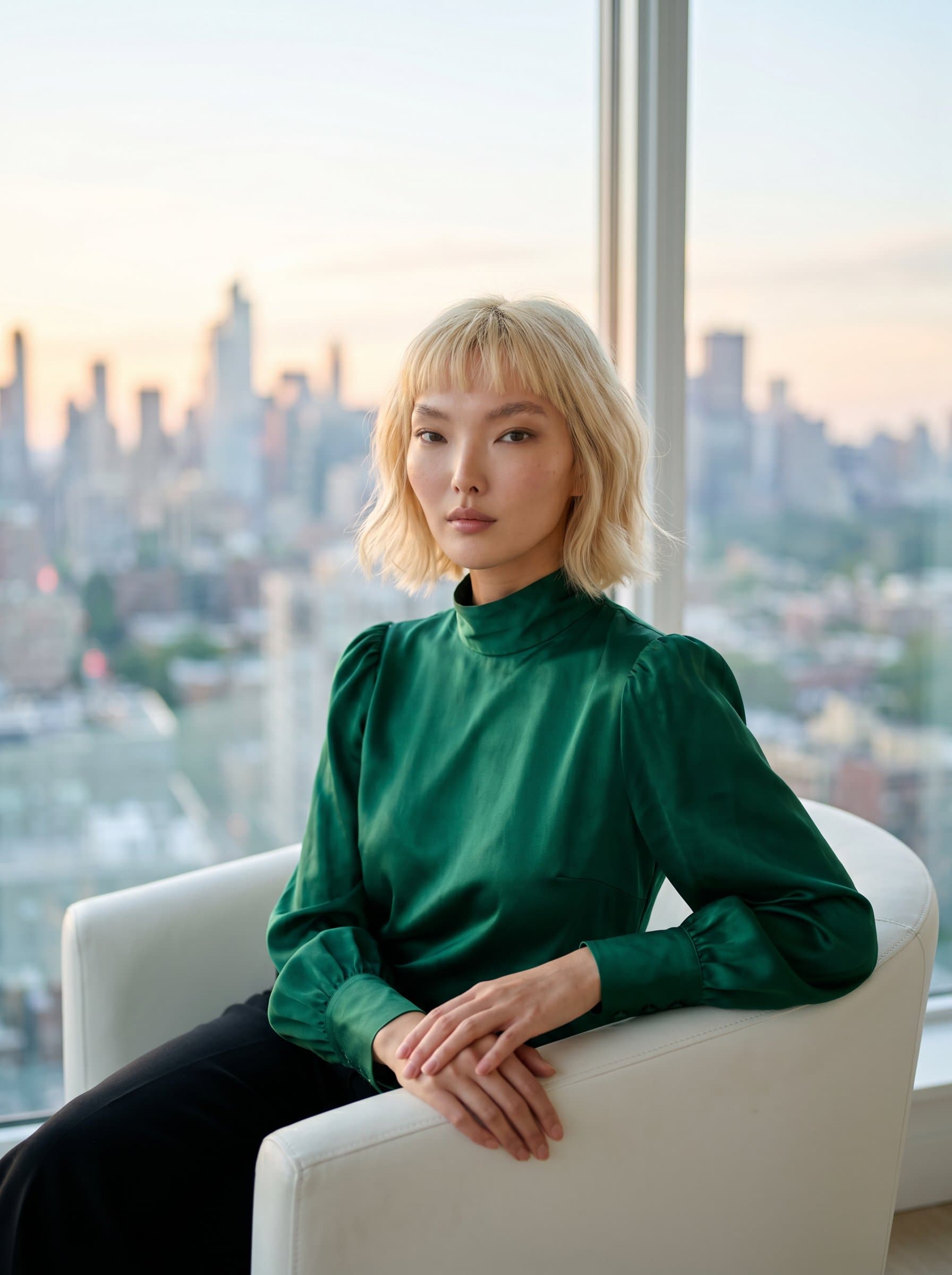 elegantly seated in a modern white armchair, wearing a sophisticated emerald green blouse, with a soft-focus skyline visible through a panoramic window, projecting a calm and composed aura.