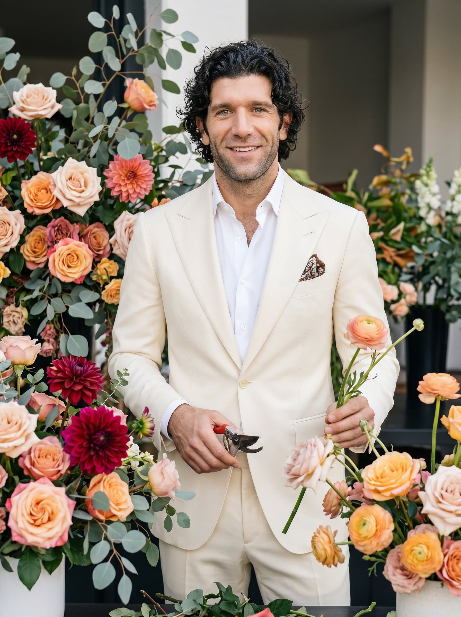 standing amidst a vibrant floral arrangement, in a classic cream colored suit, exhibiting a blend of creativity and professional finesse.