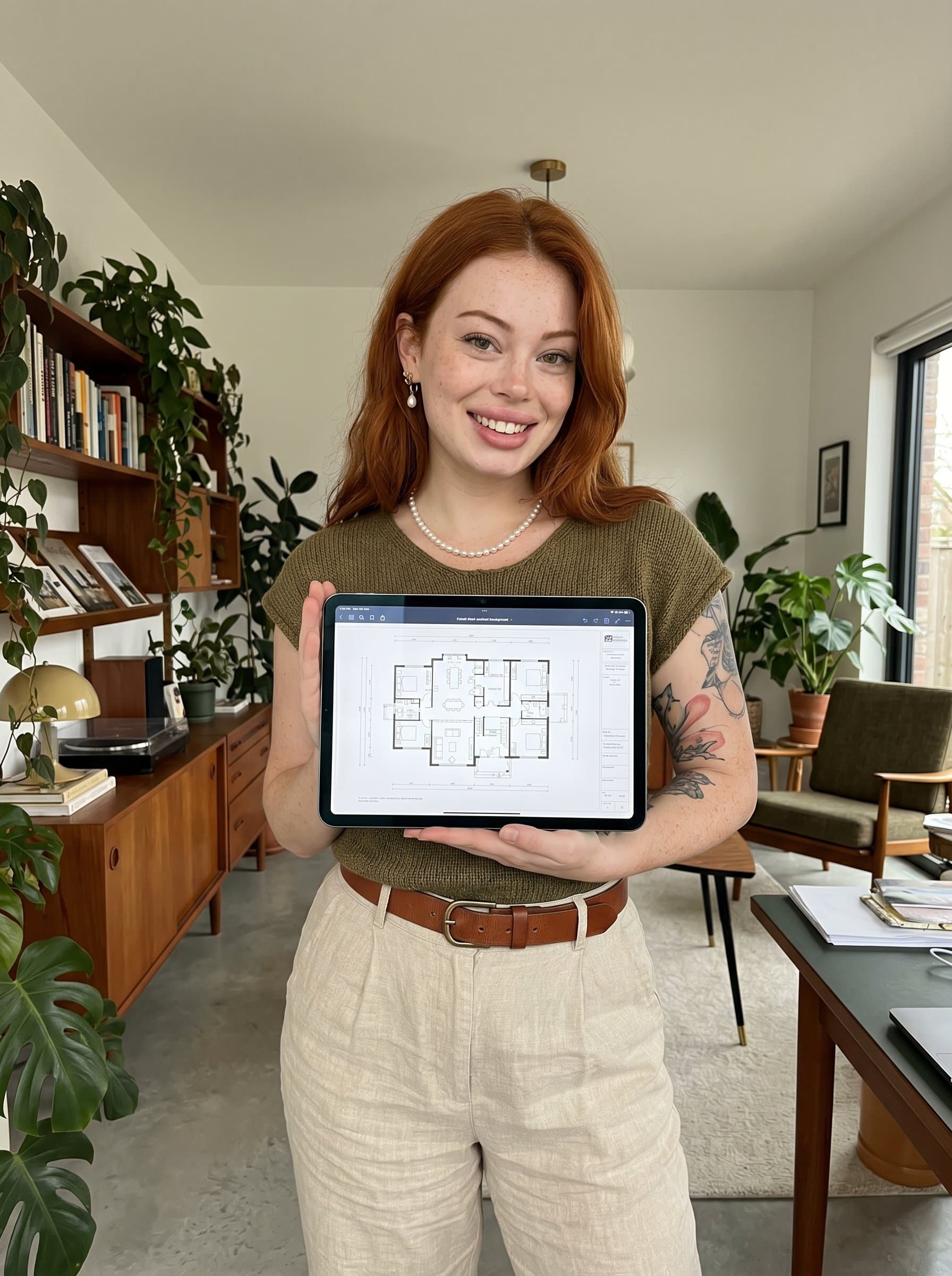 confidently holding a tablet, dressed in an earthy-toned ensemble, surrounded by stylish decor elements, evoking a sense of modernity and resourcefulness.