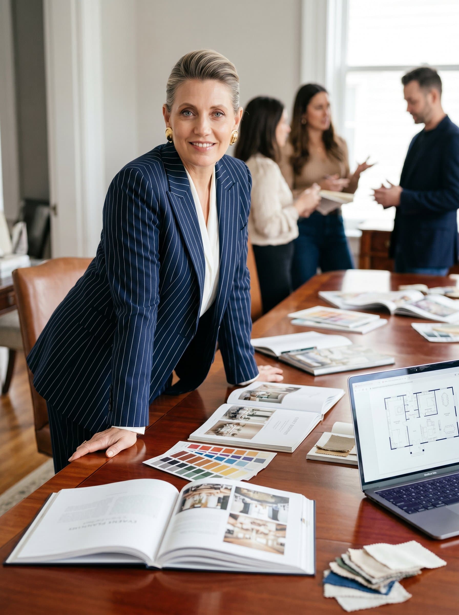 leaning casually against a polished wooden table, in a sharp pinstripe jacket, surrounded by open event planning books and a laptop, suggesting a mix of expertise and approachability.