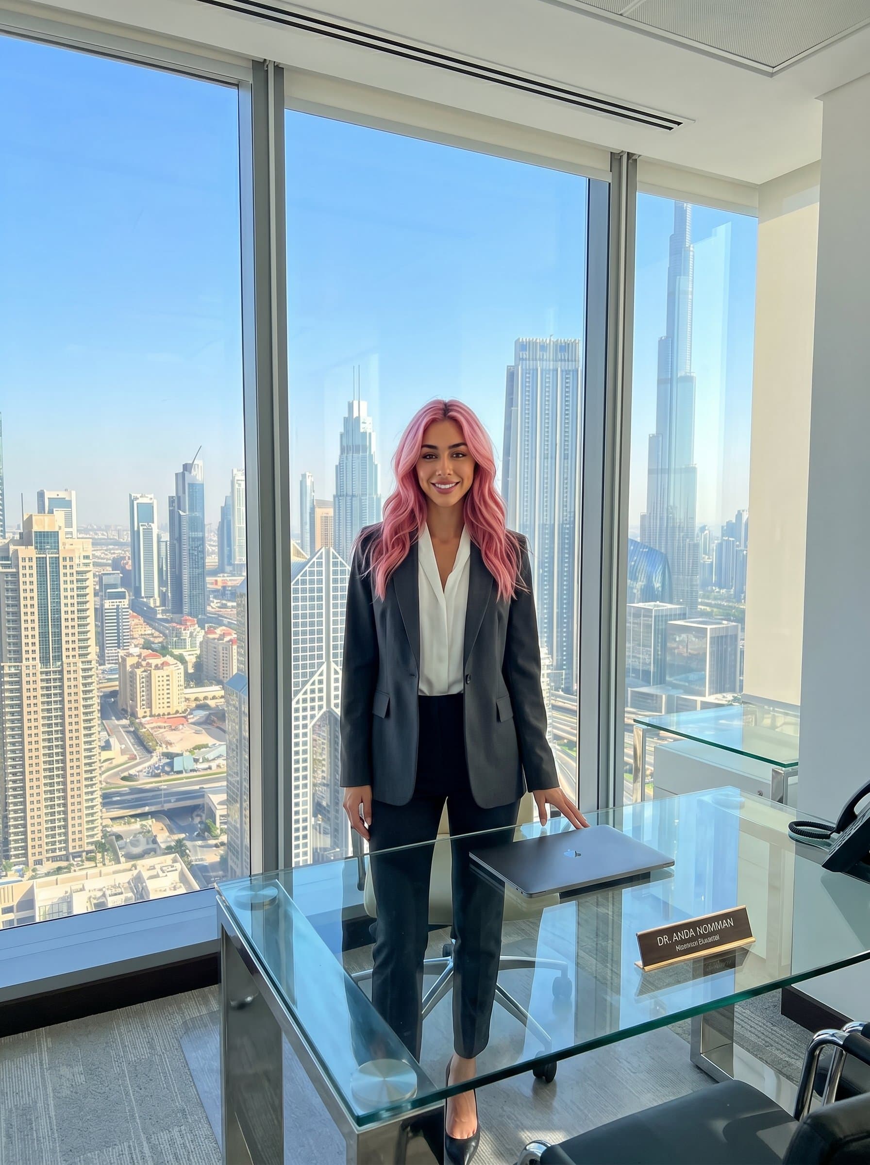 standing confidently at a glass-topped desk, dressed in a sleek charcoal blazer, with a vibrant cityscape backdrop visible through a large window, exuding professionalism and modernity.