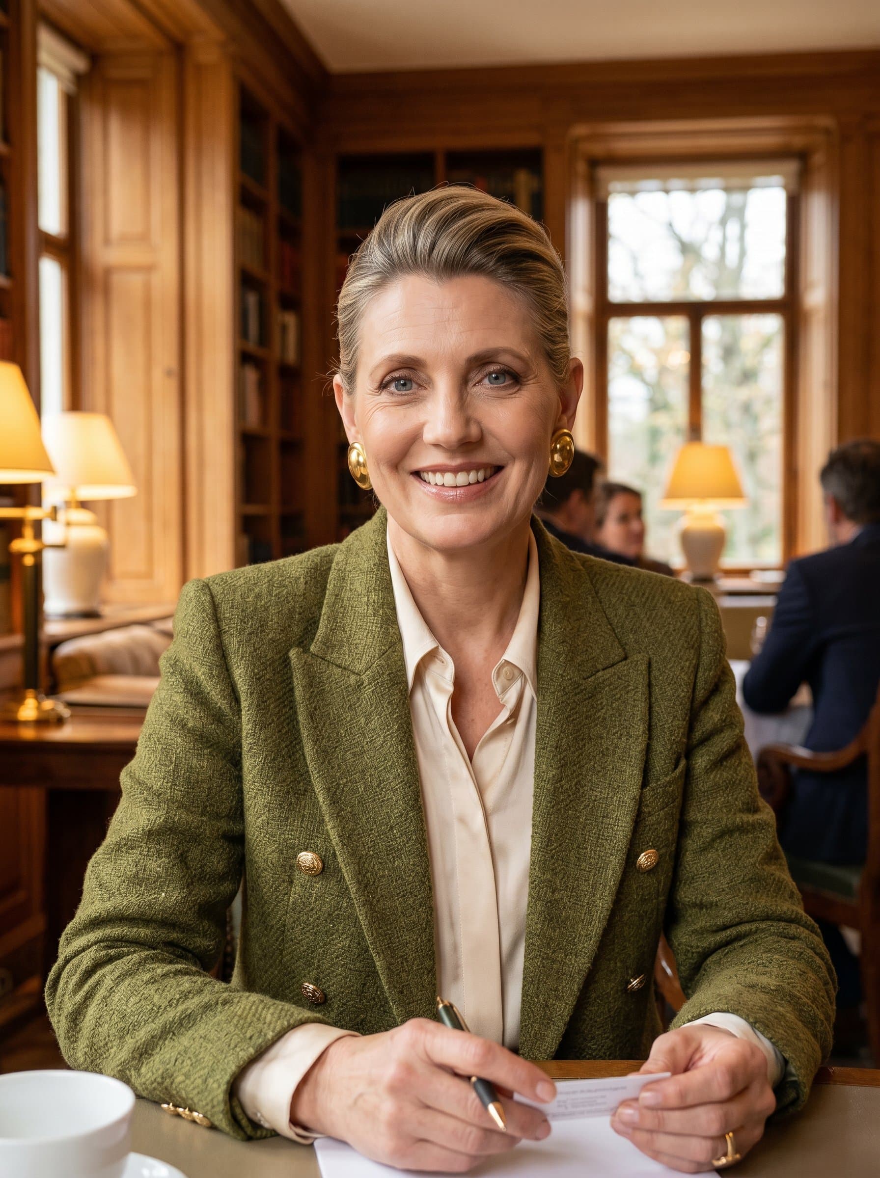 wearing a stylish moss green jacket, framed by warm wooden interiors and ambient lighting, portraying warmth and an engaging, client-focused approach.