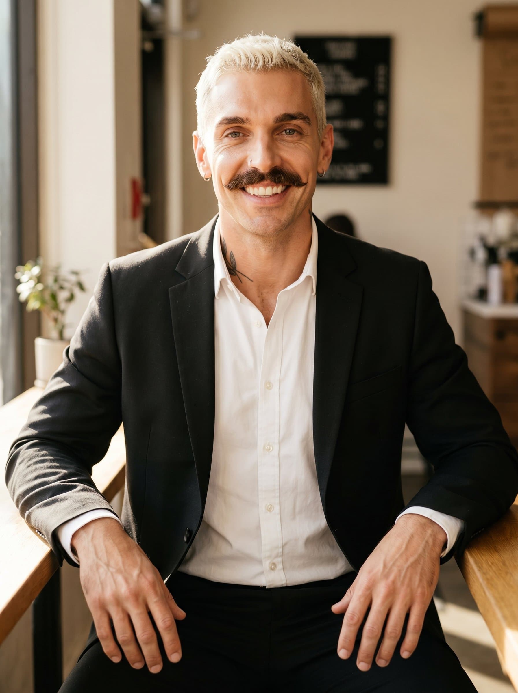 smiling warmly, dressed in a classic black and white combination, with soft natural lighting enhancing the setting, embodying approachability and a grounded professional presence.