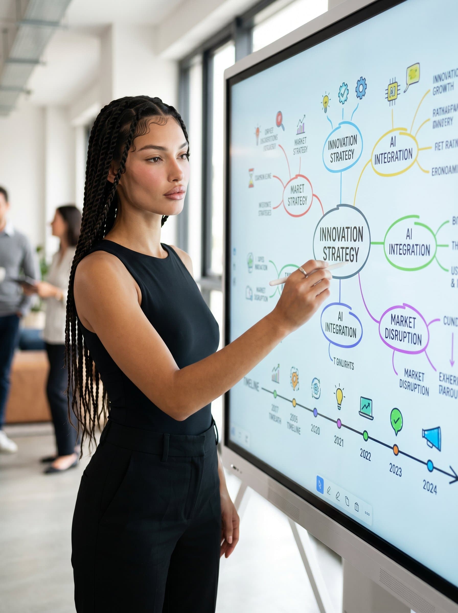 positioned near a sleek digital whiteboard covered in colorful planning diagrams, wearing a minimalist black outfit, emphasizing innovation and strategic thinking.