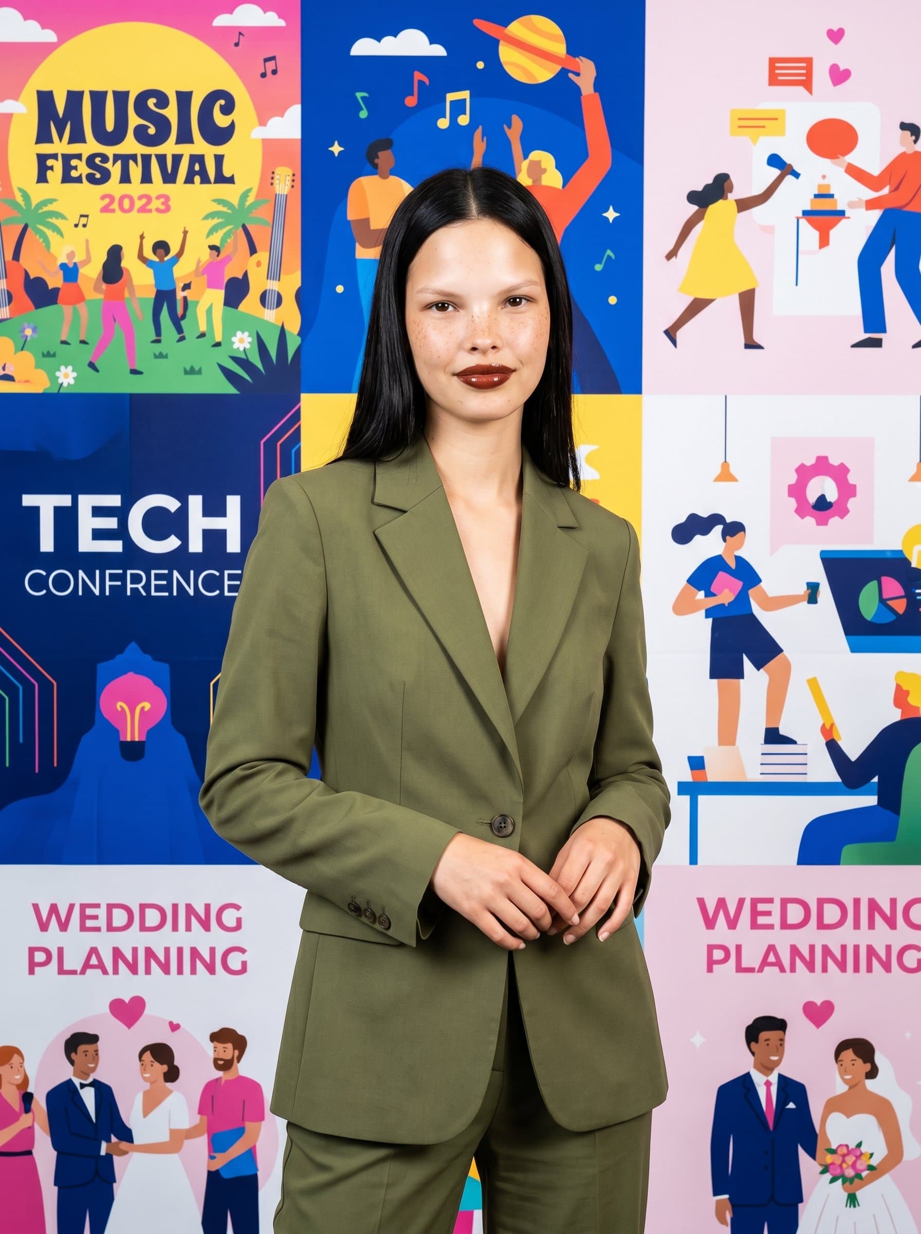with hands loosely folded, dressed in a smart olive green suit, against a backdrop of vibrant event illustrations, radiating confidence and a fresh perspective on event planning.