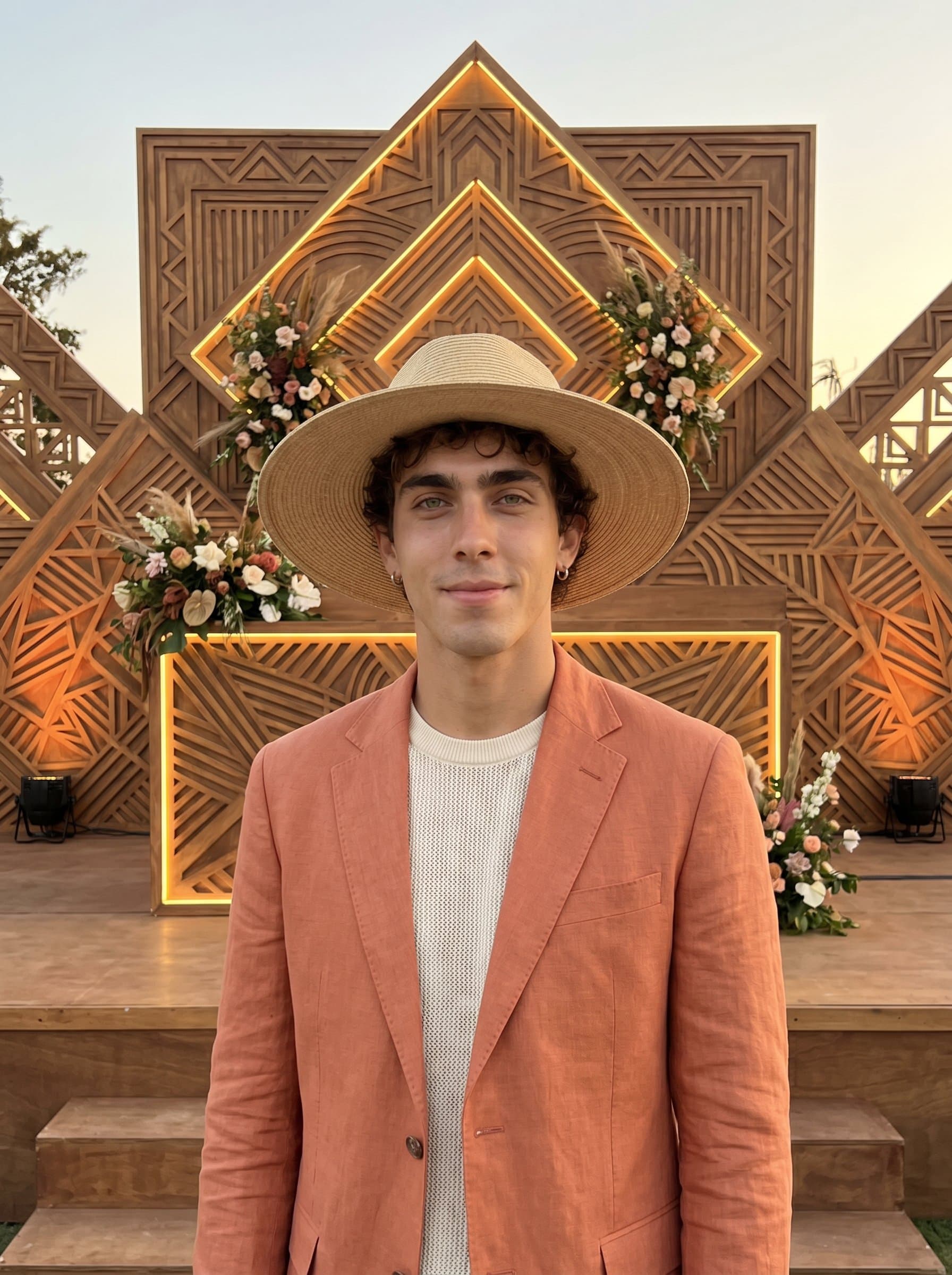 portrayed with a serene smile, in a muted sunset orange outfit, standing in front of an intricately designed event stage, reflecting harmony and an artful touch.