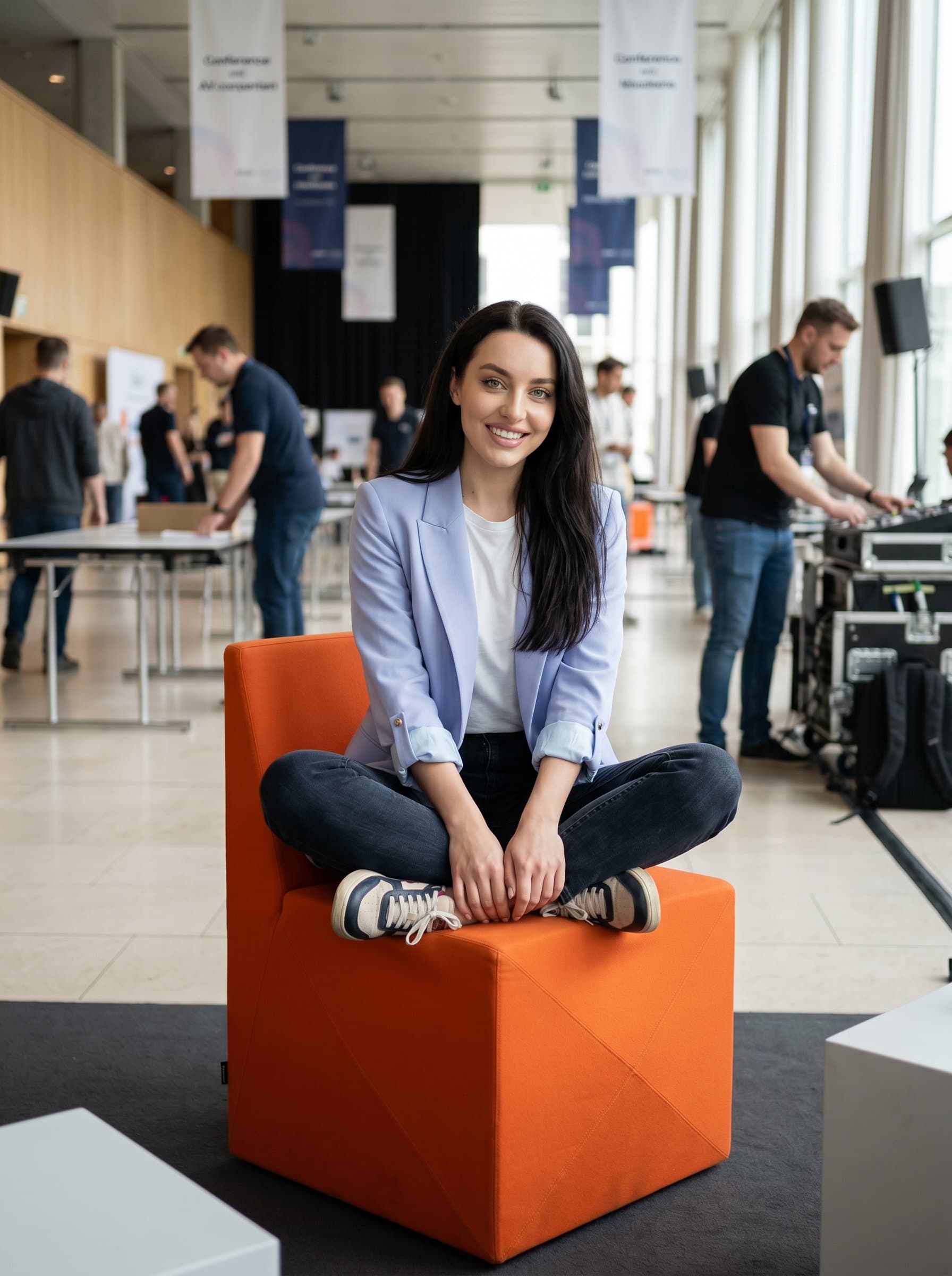 casually seated on a modern cube chair, wearing a pastel blue blazer with rolled-up sleeves, against a backdrop of bustling event preparation, suggesting adaptability and an engaging personality.