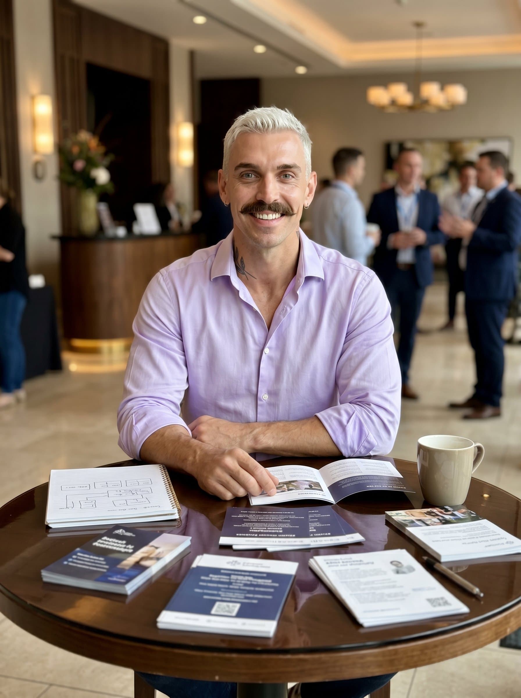 seated at a glossy round table with event brochures spread around, dressed in a soft lavender shirt, suggesting creativity and a calm, organized nature.
