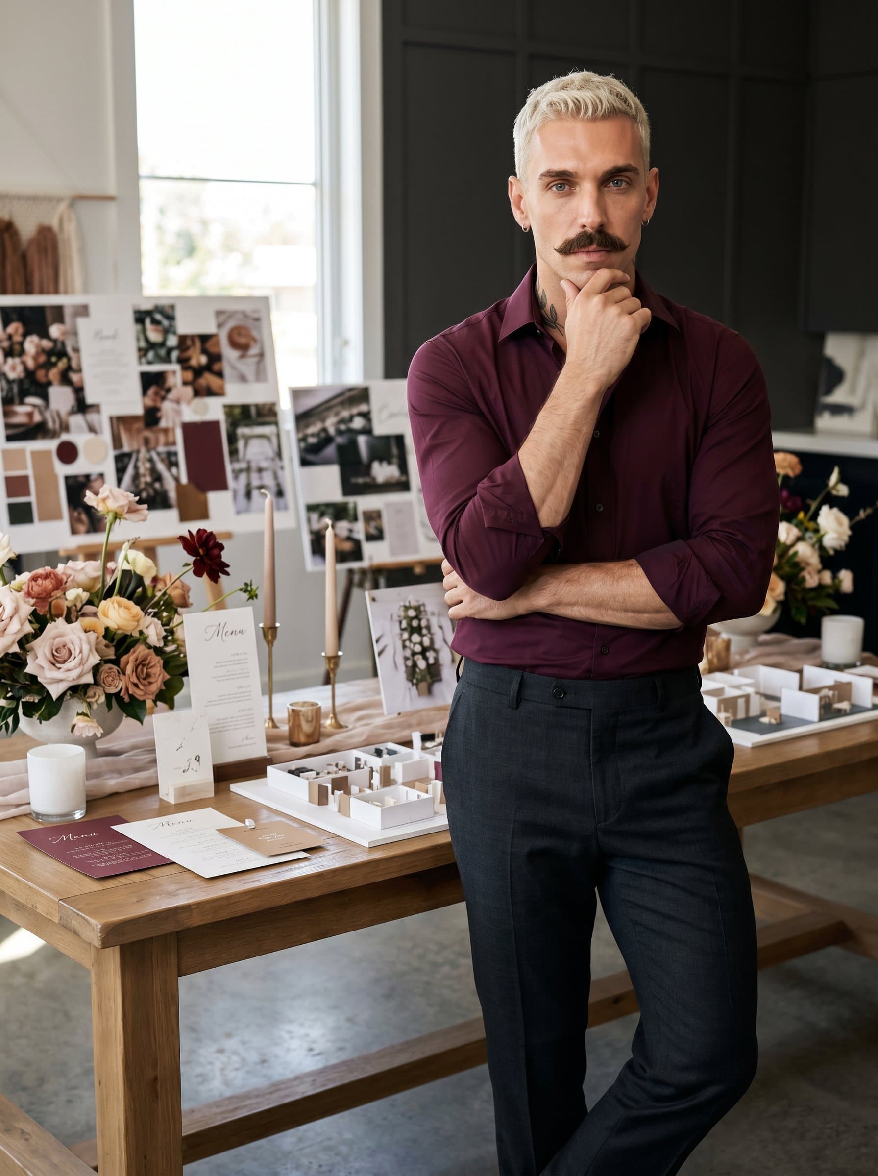 with a thoughtful expression, elegantly poised before a table set with decorative event mock-ups, dressed in a formal burgundy dress shirt, evoking dedication and artistic flair.