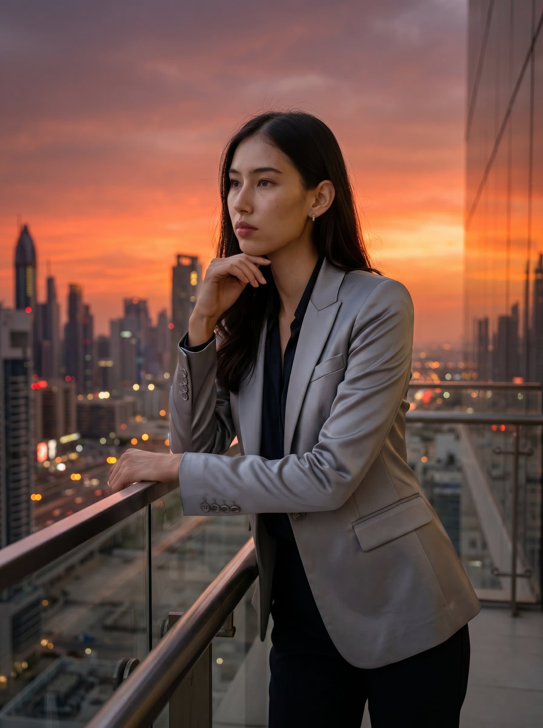 leaning thoughtfully on a railing, dressed in a sleek silver-grey jacket, with a backdrop of sunset-infused cityscape, communicating visionary planning and elegance.