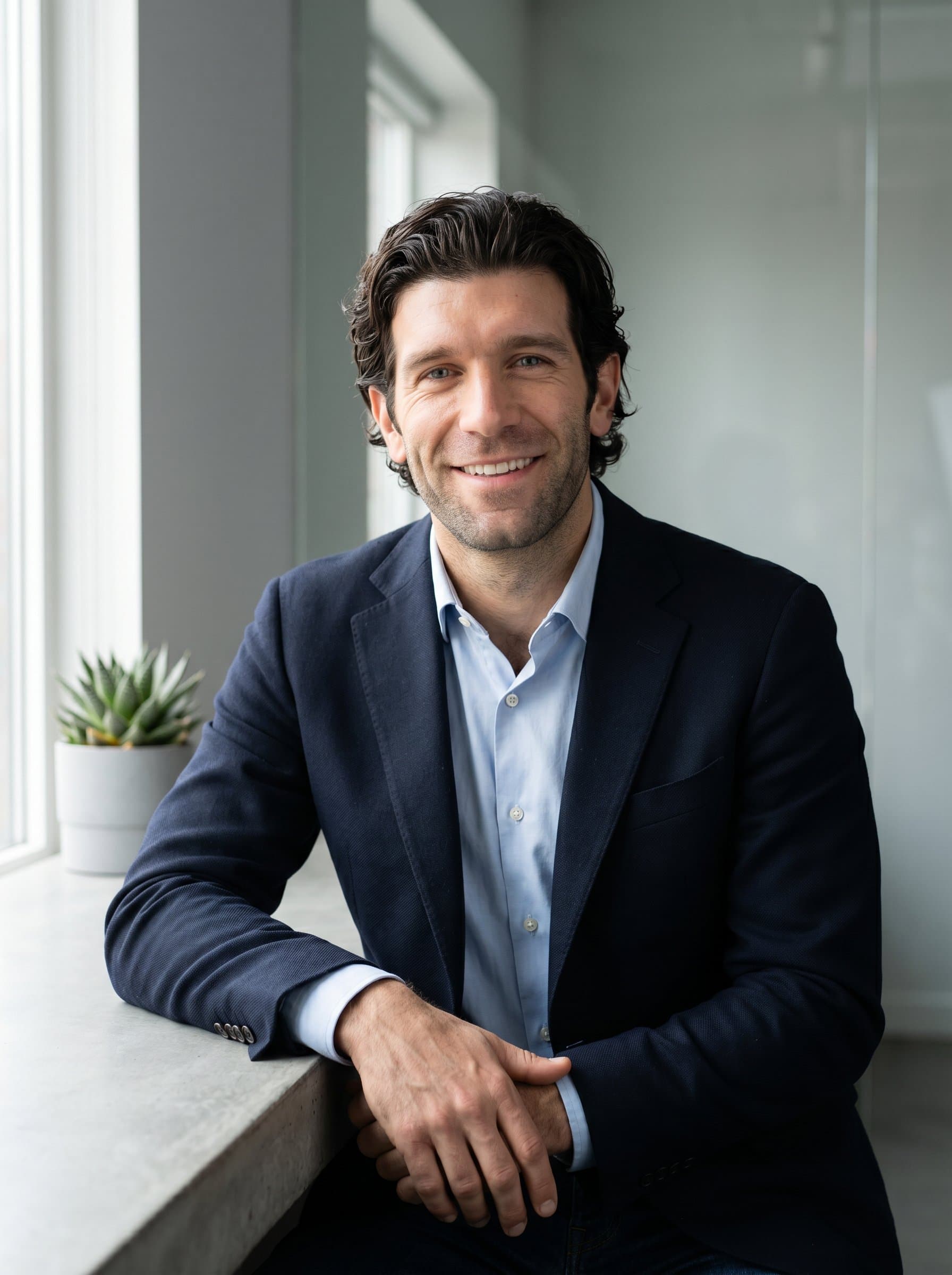 featuring soft, natural light highlighting the agent's face. The setting is a minimalist office with subtle gray tones. The agent's smile is warm and inviting, projecting reliability and assurance.