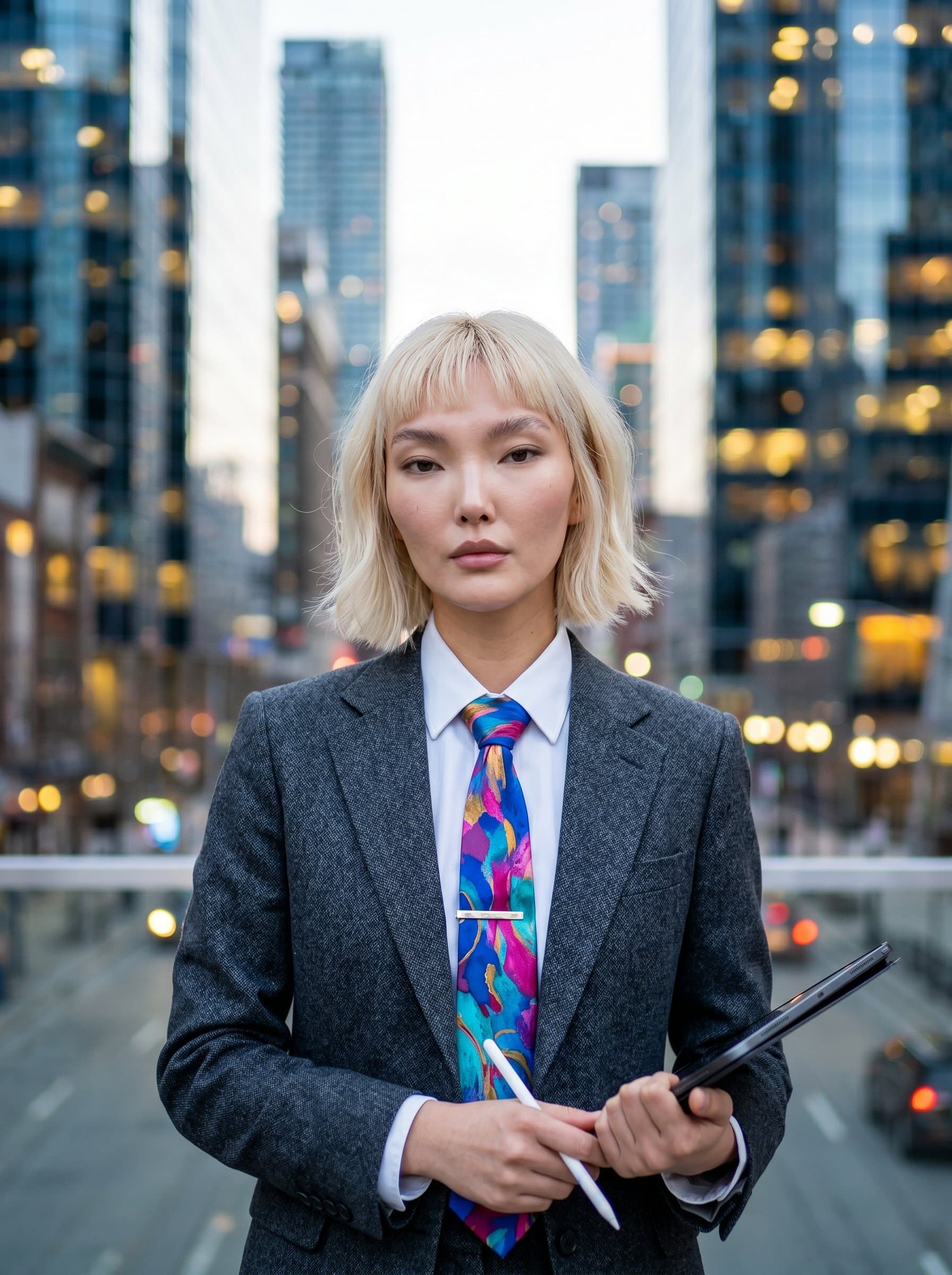 Modern with a creative twist. The agent wears a charcoal suit with a vibrant tie. Background is a blurred cityscape, suggesting a dynamic, urban professional environment. The look is innovative and fresh.