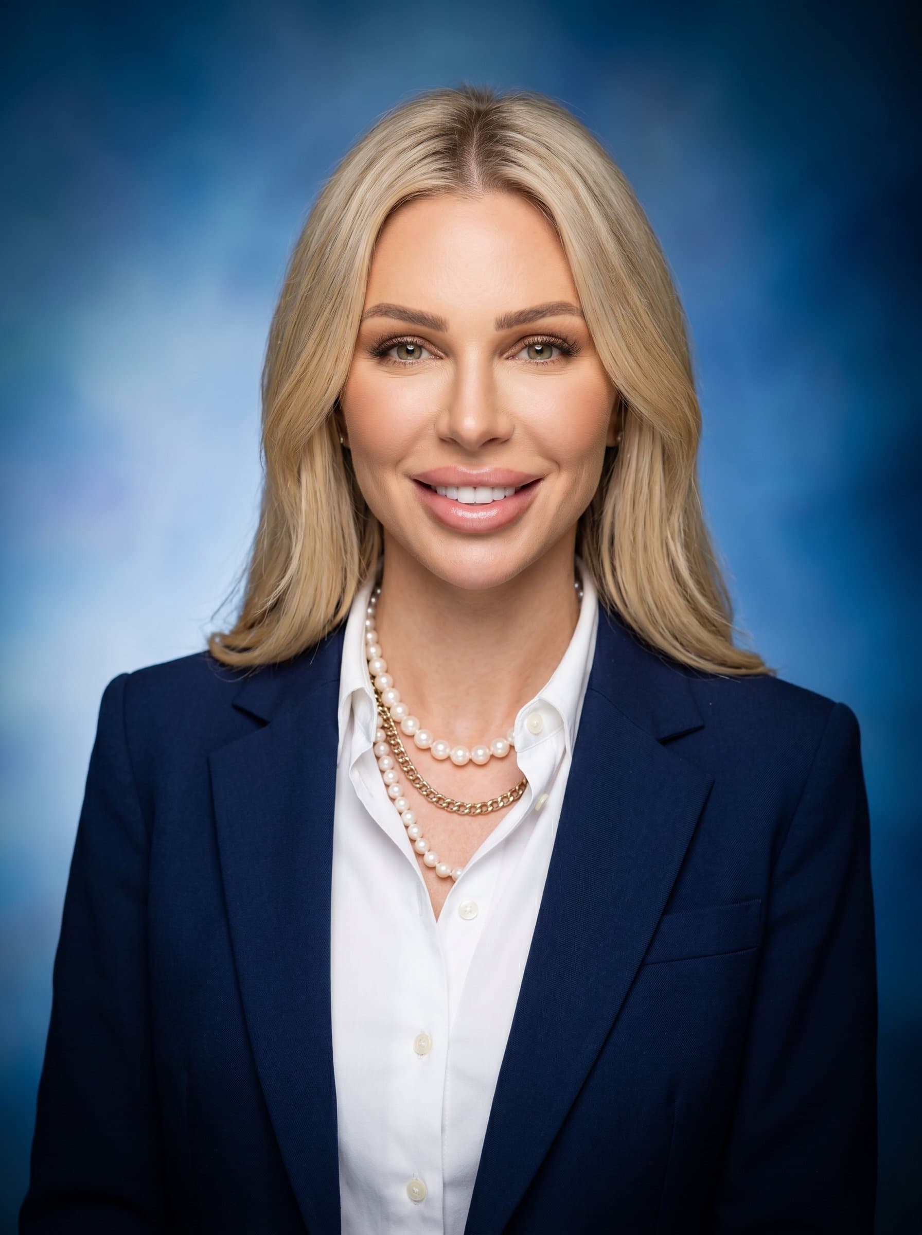 A classic in a crisp white shirt and navy blazer. Background showcasing soft gradient blues, with a slight vignette effect. The expression is confident yet approachable, embodying trust and professionalism.
