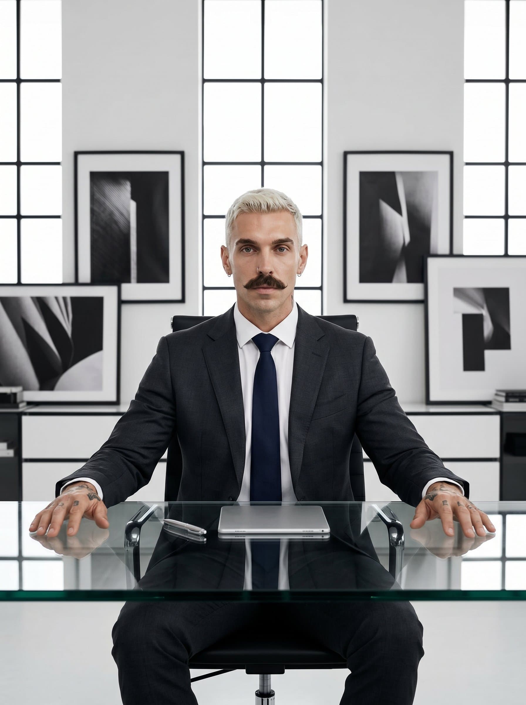 Contemporary with an emphasis on symmetry. The agent sits at a modern glass desk, wearing a sharp suit. The background is a monochrome office space, highlighting the agent's confident demeanor.