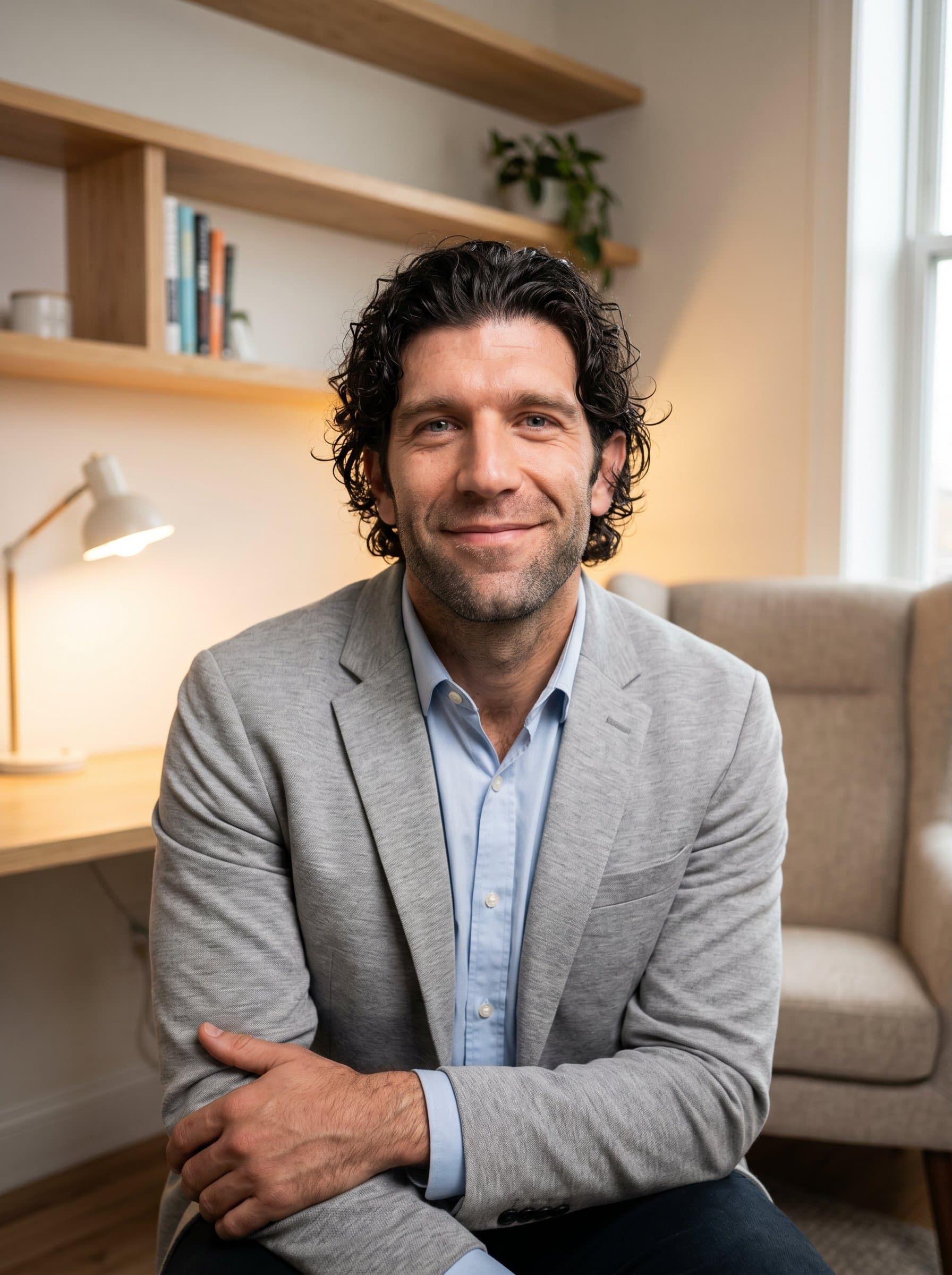 Relaxed showcasing the agent in a cozy office nook. Attire includes a grey blazer over a pastel shirt. The setting is uncluttered, with soft lighting accentuating the friendly expression.