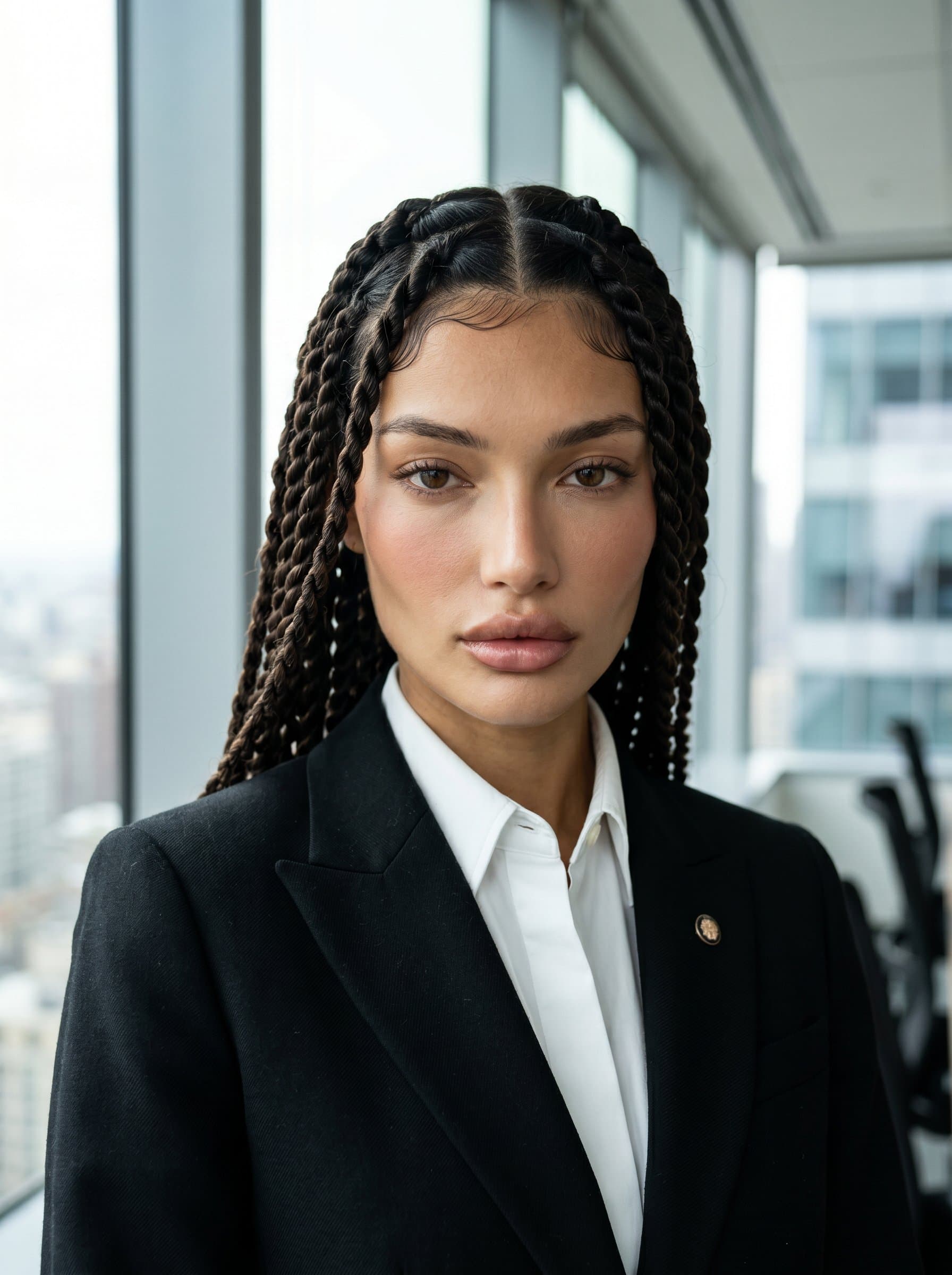 set in a high-rise office with large windows. The agent is wearing a classic black suit and exudes authority. The background is softly blurred, showcasing the agent's sharp, intelligent gaze.