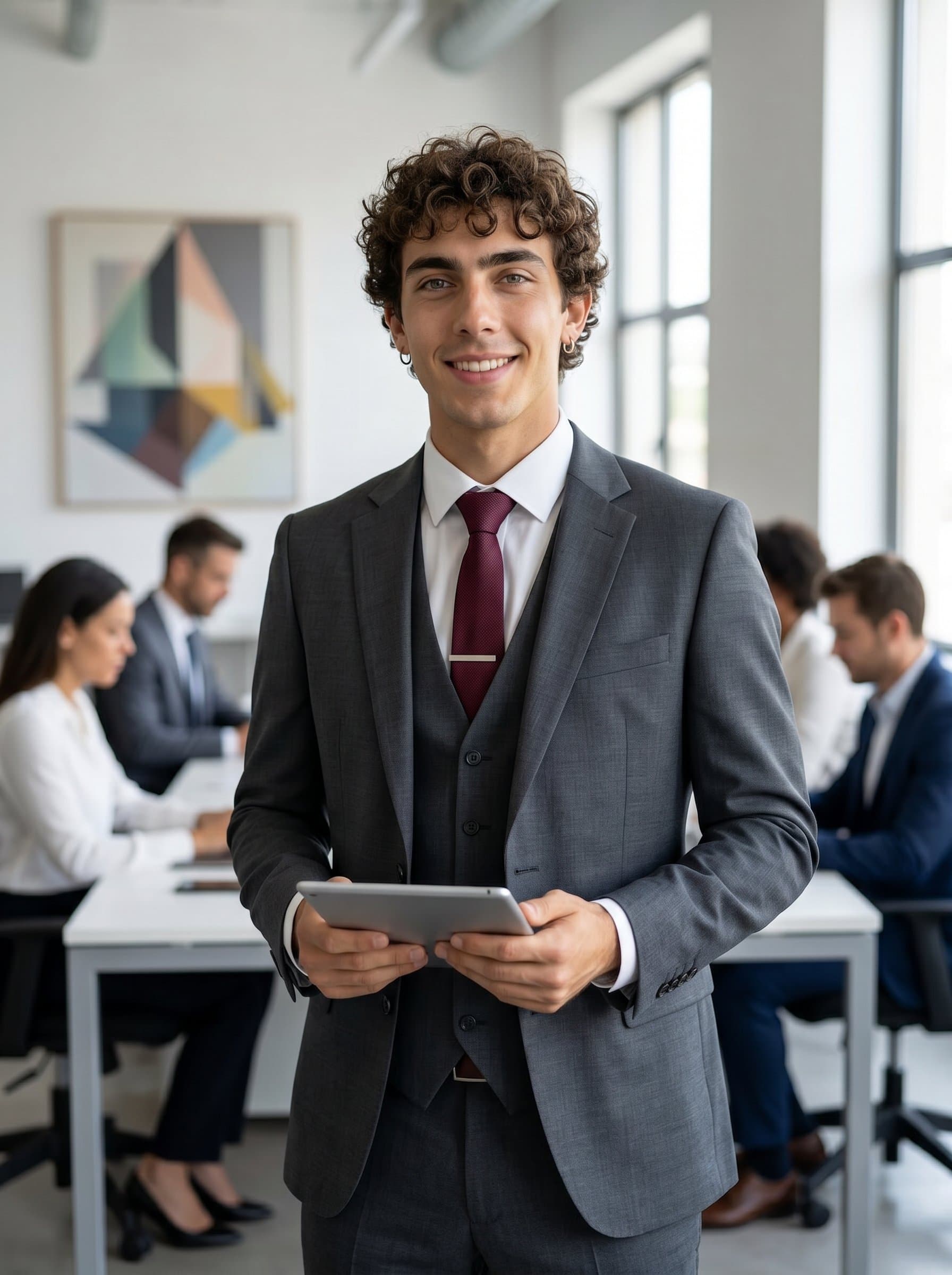 Elegant showcasing the agent in an open office space. They are in business formal wear, with an abstract art piece subtly visible in the background. The expression is sophisticated and friendly.