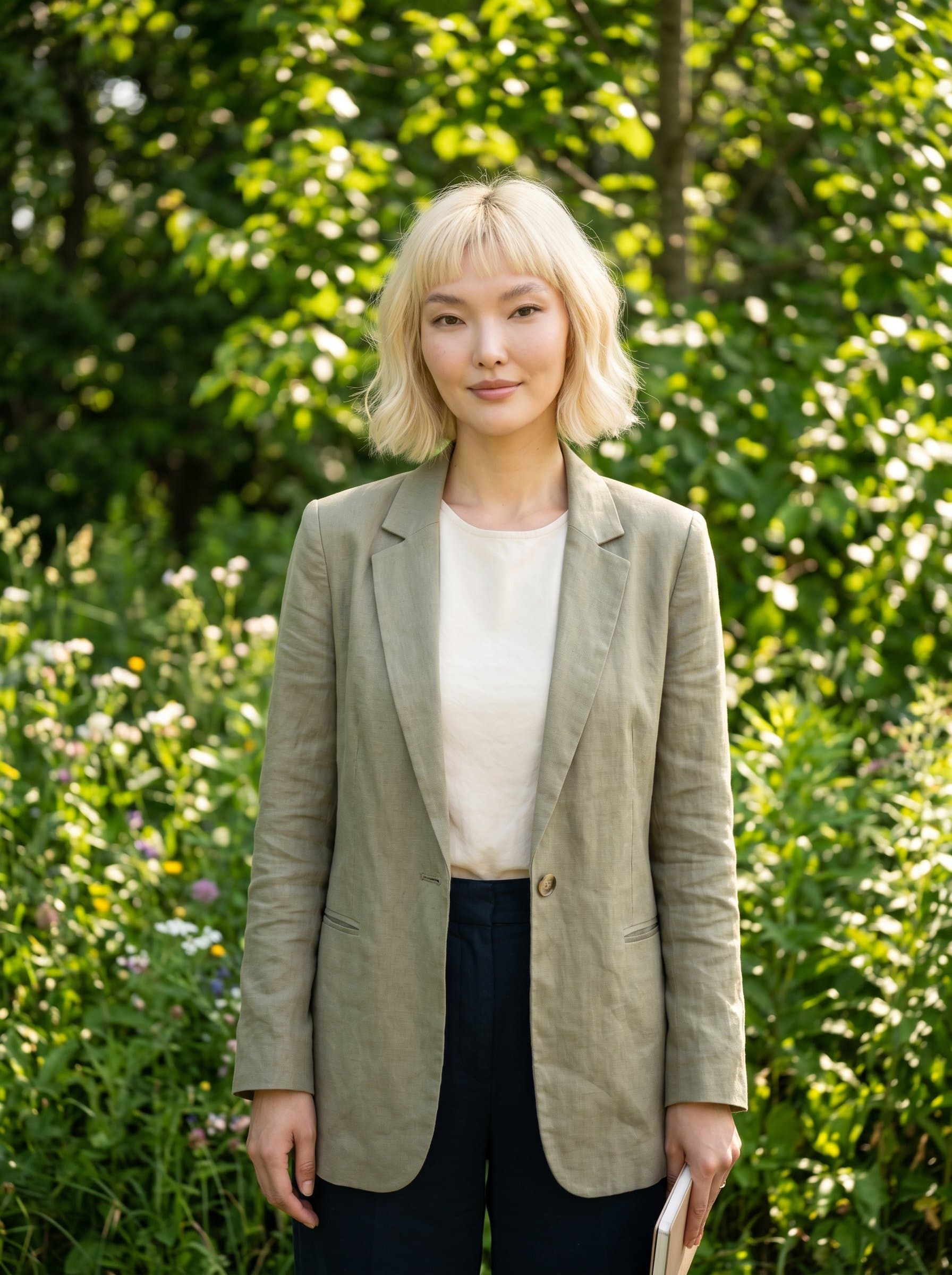 with a focus on natural elements. The agent is outdoors, standing in front of a green, leafy background. They are in business casual attire with a serene and trustworthy expression.