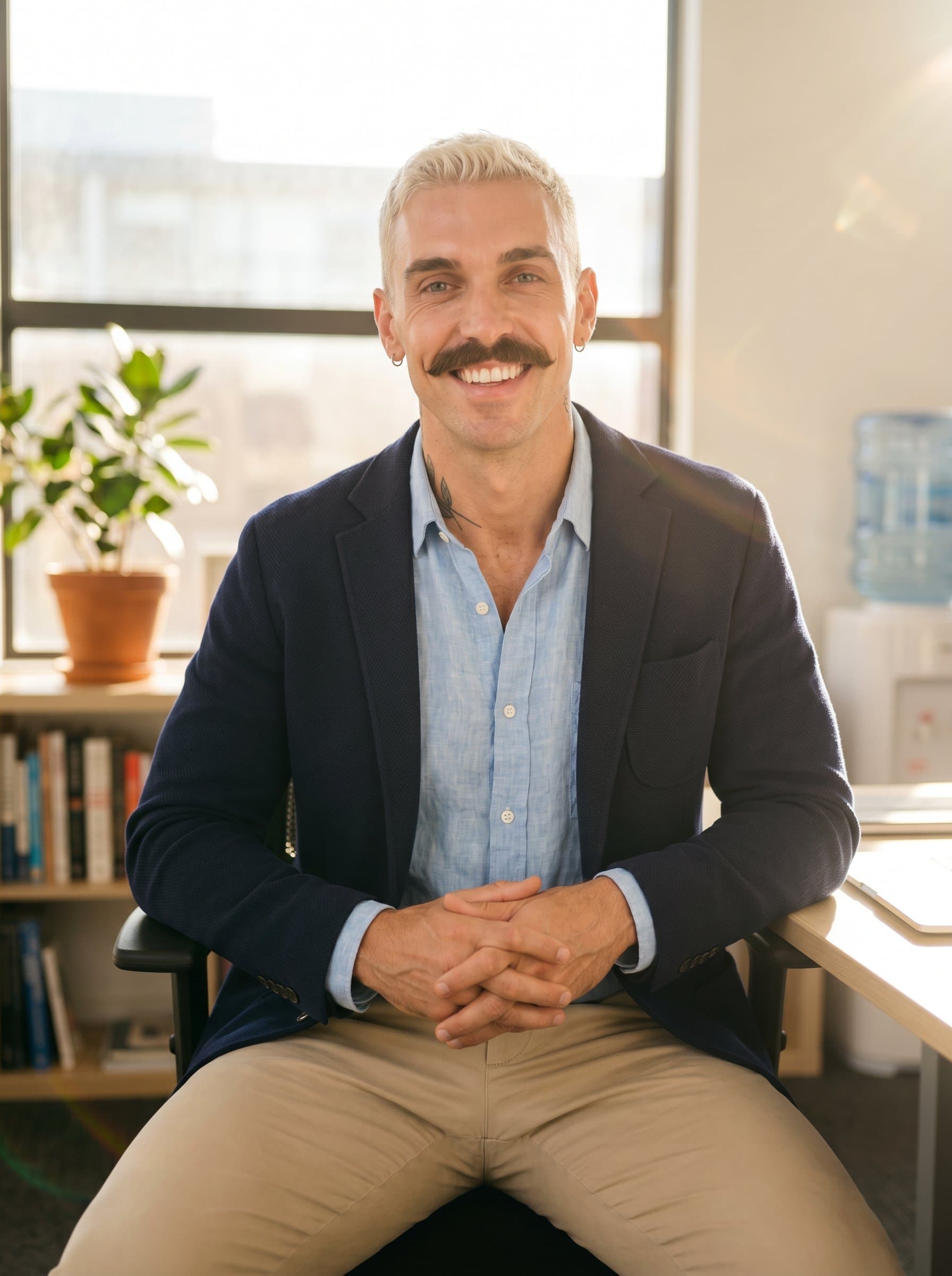 A bright capturing the agent in a sunlit office. Their attire is a light, breathable business ensemble, with a background of gently blurred office furnishings. The expression is engaging and positive.
