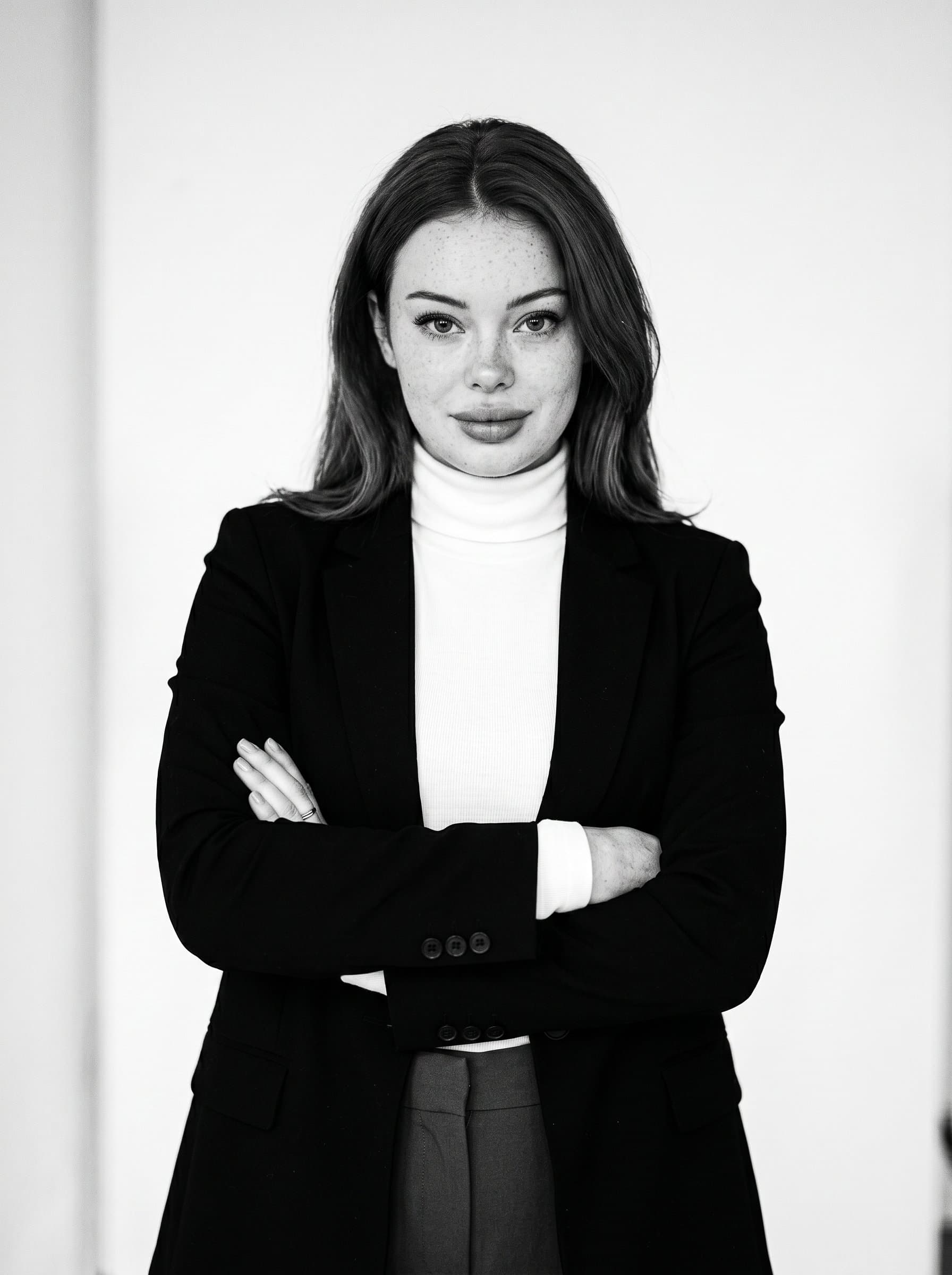 Creative featuring an artistic black and white filter. The agent is in smart casual attire with a confident pose. Background is minimal, emphasizing the clarity and sharpness of the image.