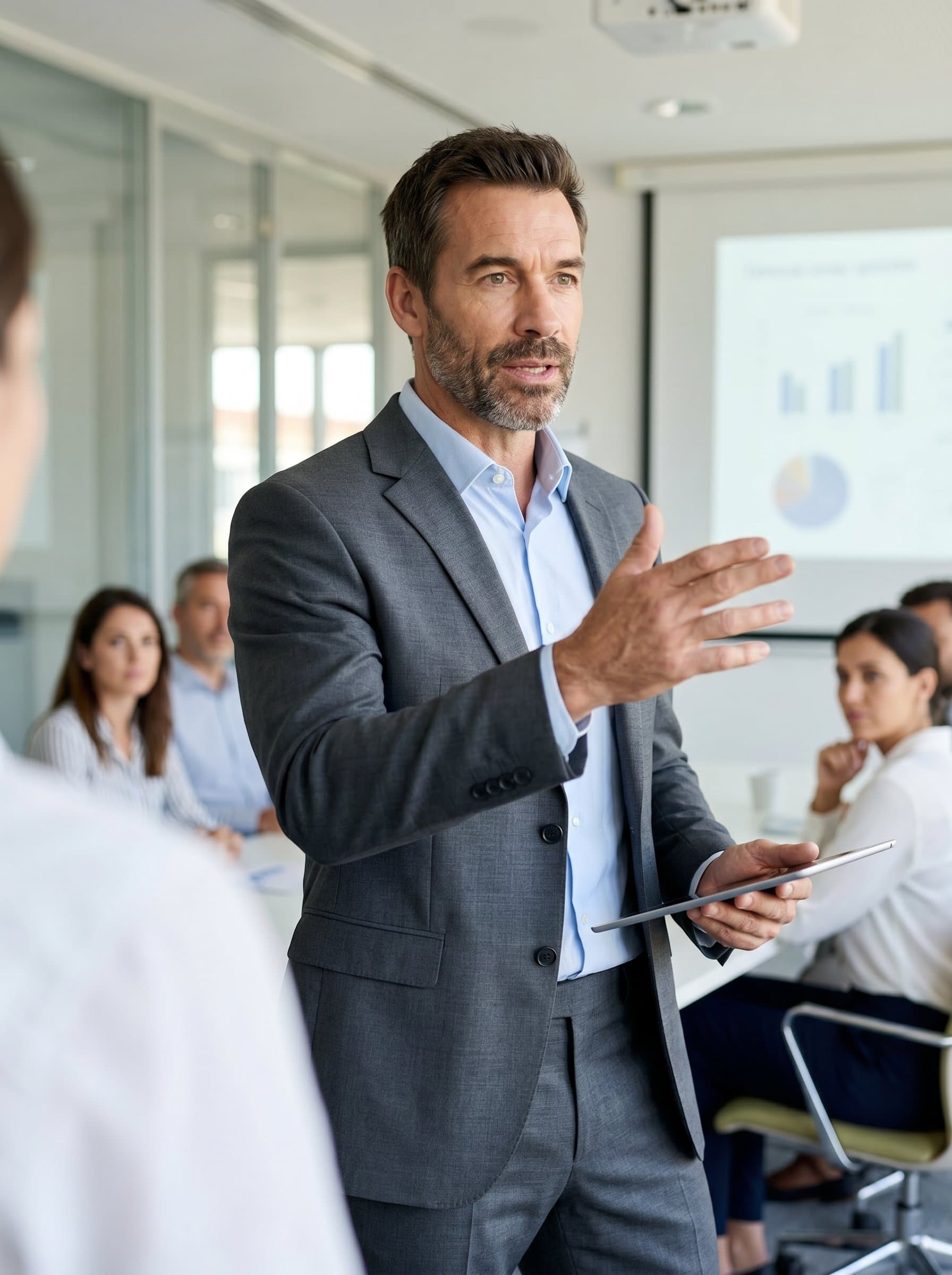 A dynamic capturing the agent in action, gesturing while explaining. They wear a tailored, modern suit against a softly blurred conference room. The expression suggests engagement and clarity.