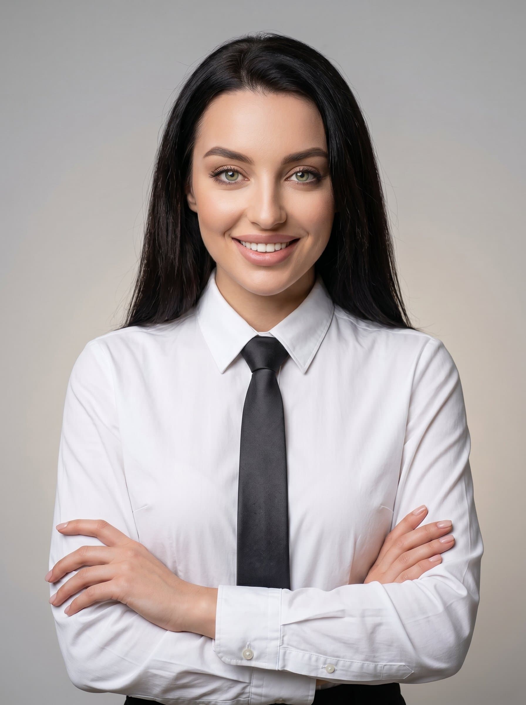 Traditional featuring the agent in a classic white shirt and dark tie. The background is a neutral gradient, drawing attention to the agent’s professional and welcoming expression.