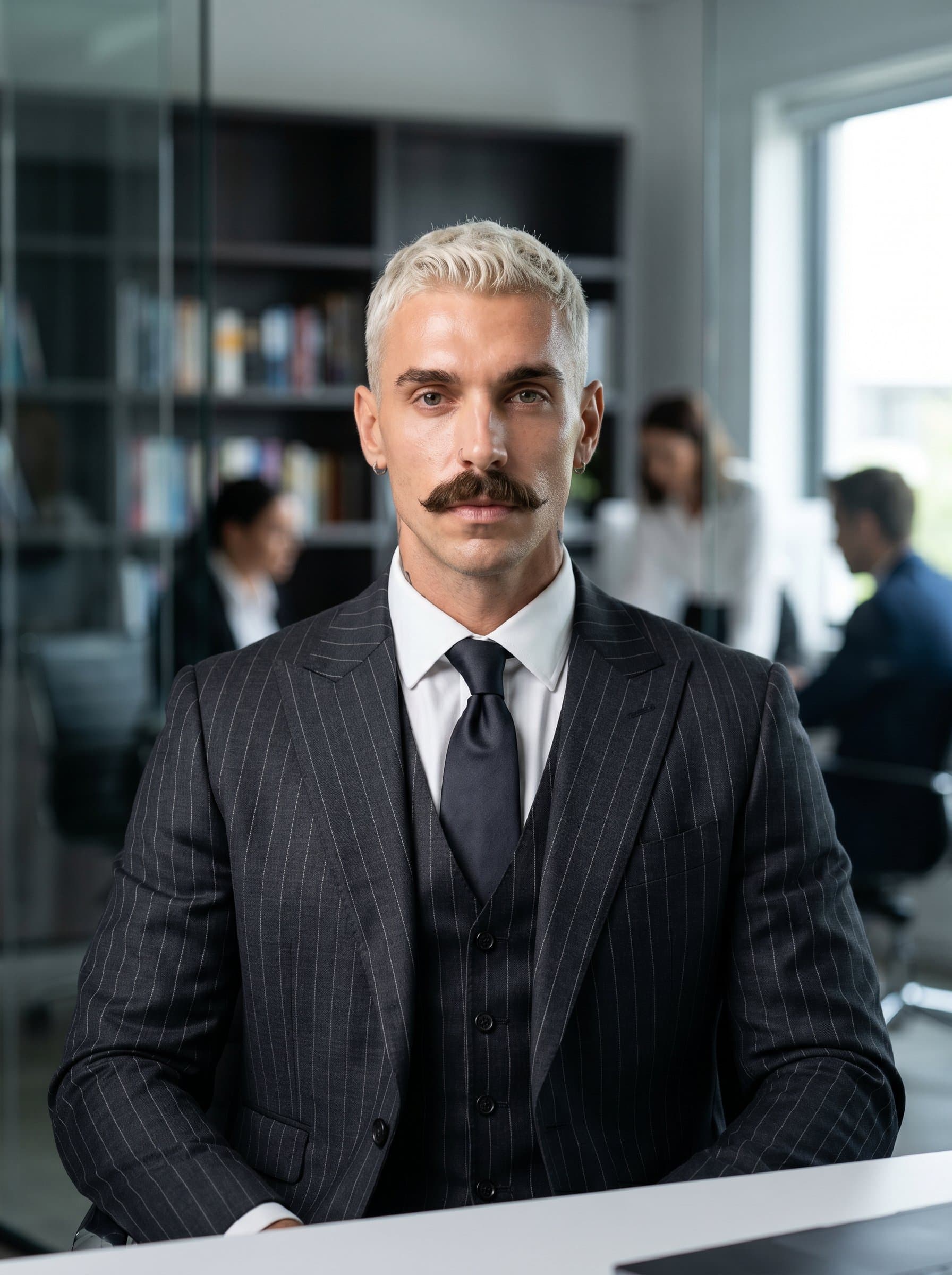 Stylish with the agent wearing a tailored pinstripe suit. Background is a soft-focus office scene, highlighting their focus and dedication. The expression is poised, with eyes conveying honesty and expertise.