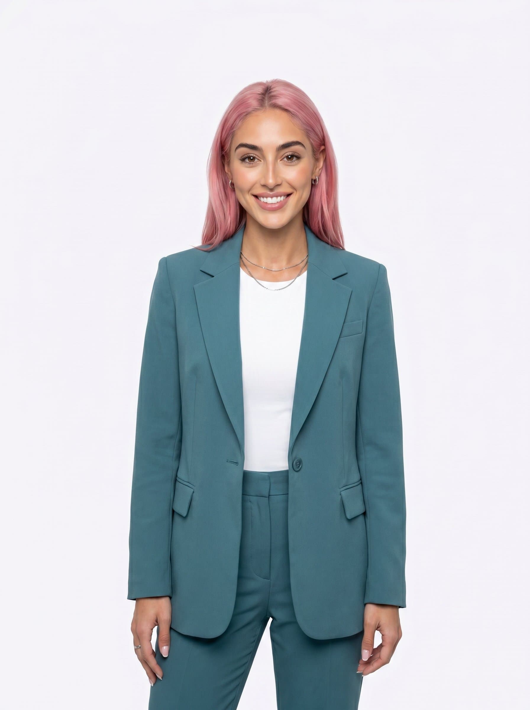 Crisp with the agent posed against a clean white backdrop. The attire is a solid color suit, chosen to complement their features. The expression is open, fostering a sense of trust.