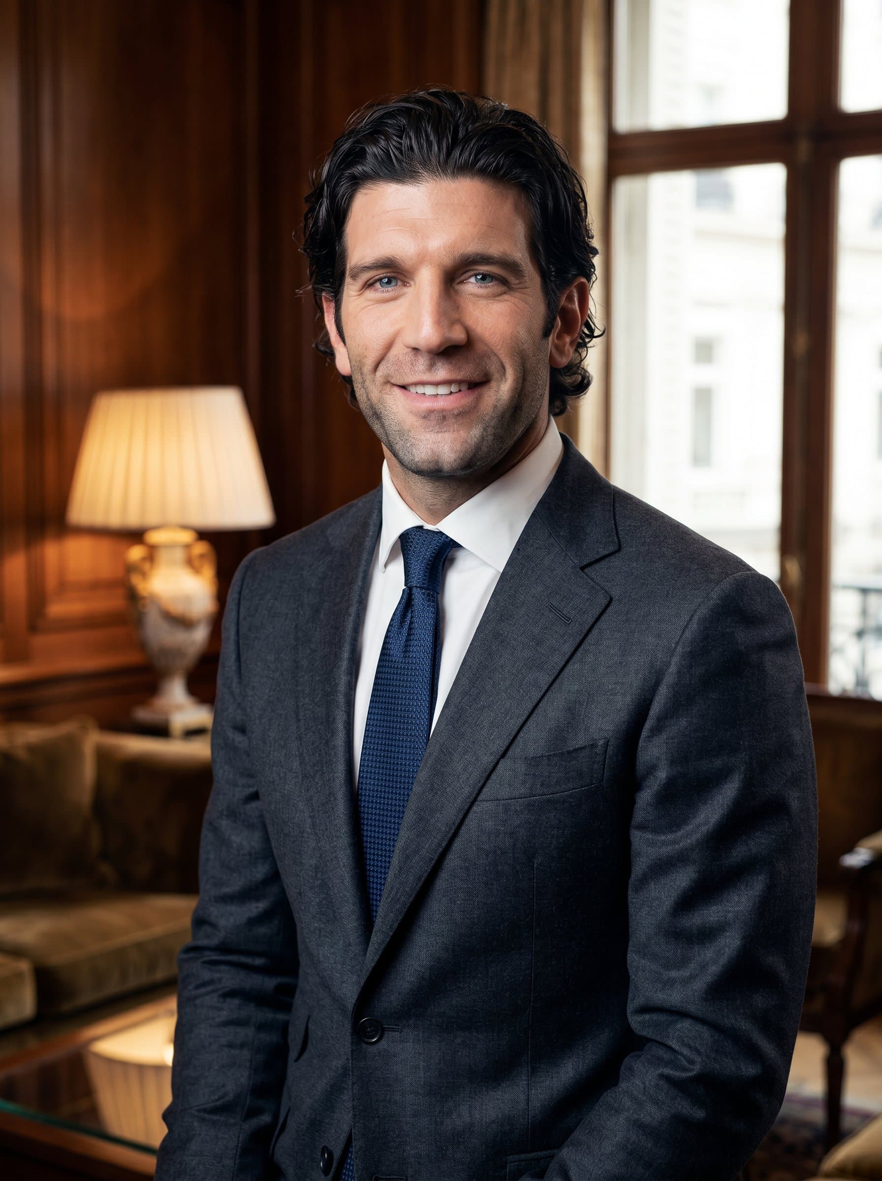 Produce a headshot portraying a mortgage broker in a luxurious setting, with elegant decor and soft lighting. The broker is dressed in high-end business attire, embodying sophistication and exclusivity.