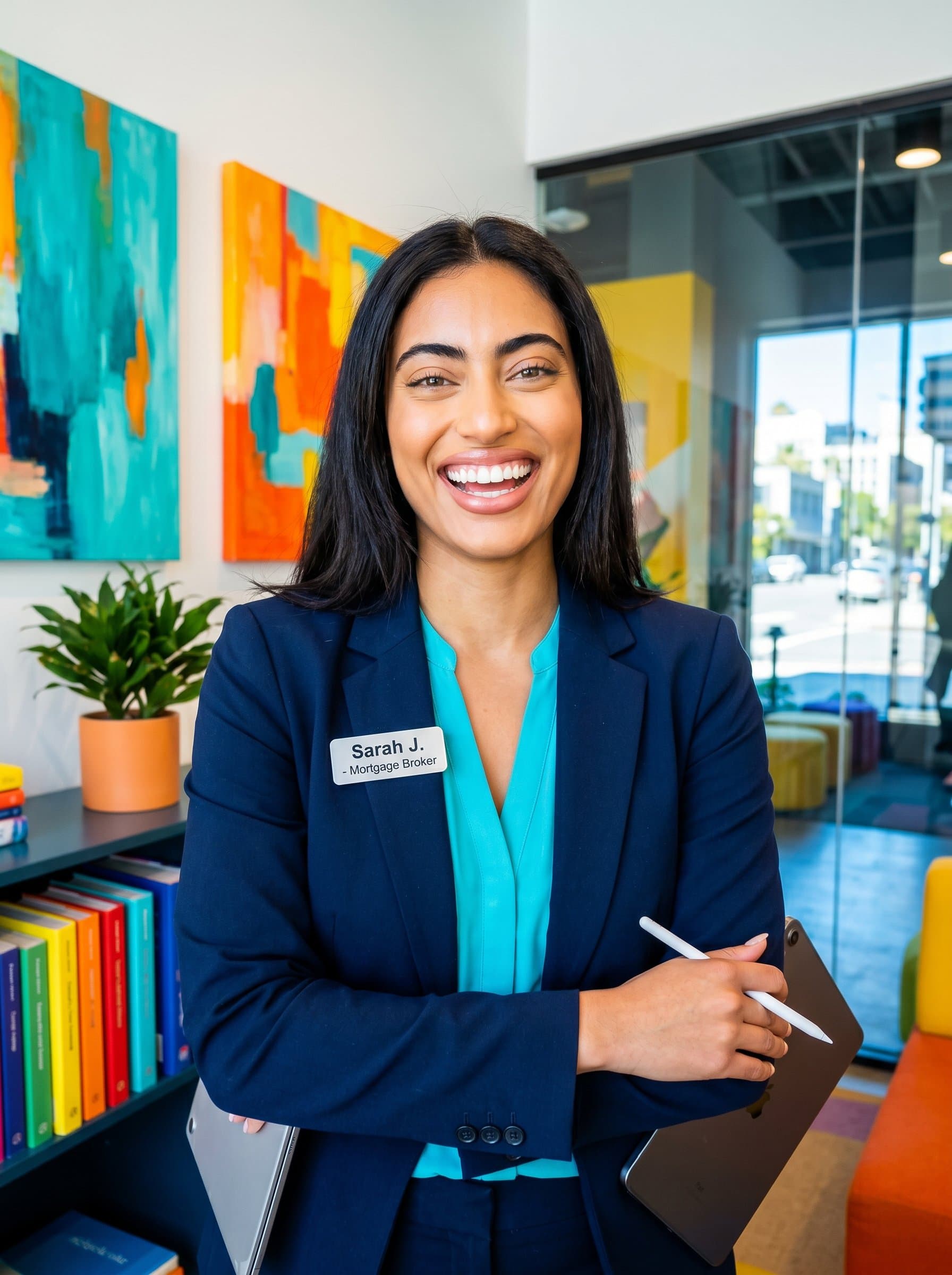 Craft a headshot of a mortgage broker in a vibrant style, with bright colors in the background. The broker is smiling broadly, creating an image of energy and enthusiasm in the real estate sector.