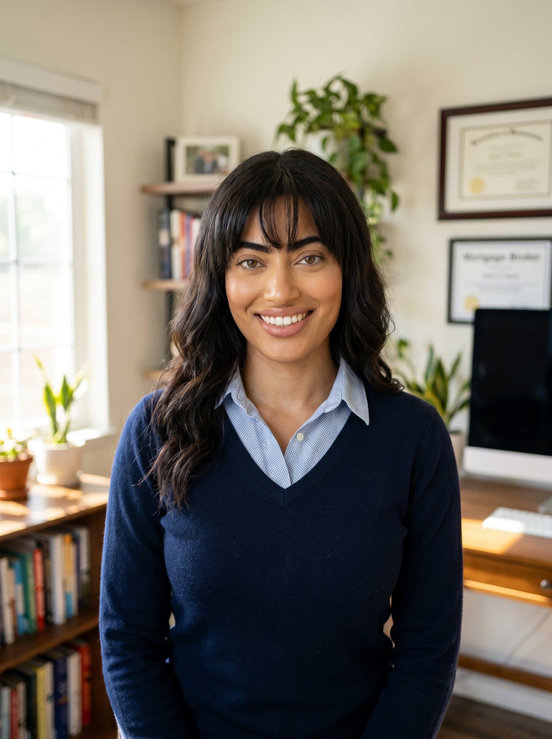 Design a headshot of a mortgage broker with a casual yet polished look, wearing a smart sweater over a collared shirt, standing in a sunlit home office, exuding warmth and friendliness.